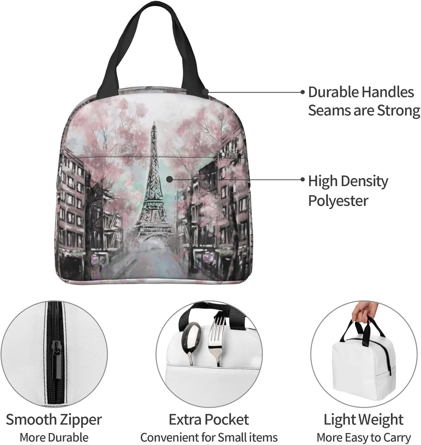 Oil Painting Paris Lunch Bag Compact Tote Bag Eiffel Tower Reusable Lunch Box Container For Women Men School Office Work, 6l