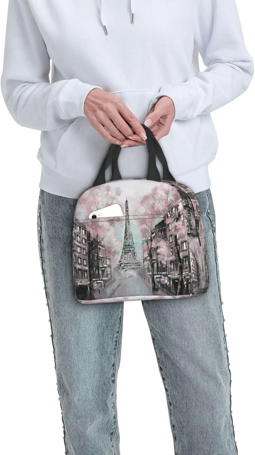 Oil Painting Paris Lunch Bag Compact Tote Bag Eiffel Tower Reusable Lunch Box Container For Women Men School Office Work, 6l