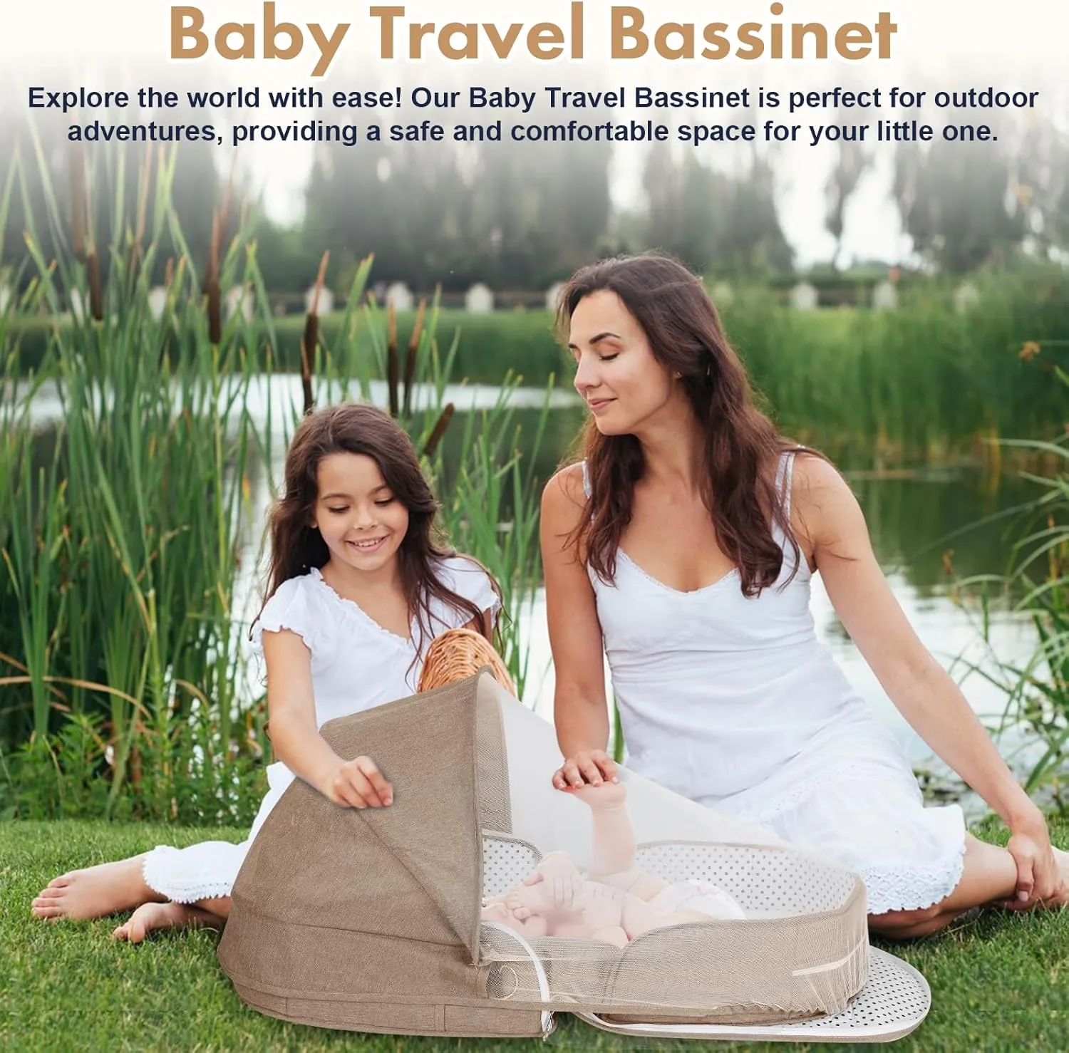 omzer Baby Travel Bassinet Portable - Foldable Carry Bag Bassinet Anti-Pressure Baby Co-Sleeping Bed Lightweight Infant Travel Bed with 2-1 Mosquito & Canopy Beige