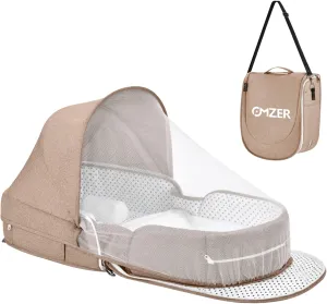 omzer Baby Travel Bassinet Portable - Foldable Carry Bag Bassinet Anti-Pressure Baby Co-Sleeping Bed Lightweight Infant Travel Bed with 2-1 Mosquito & Canopy Beige