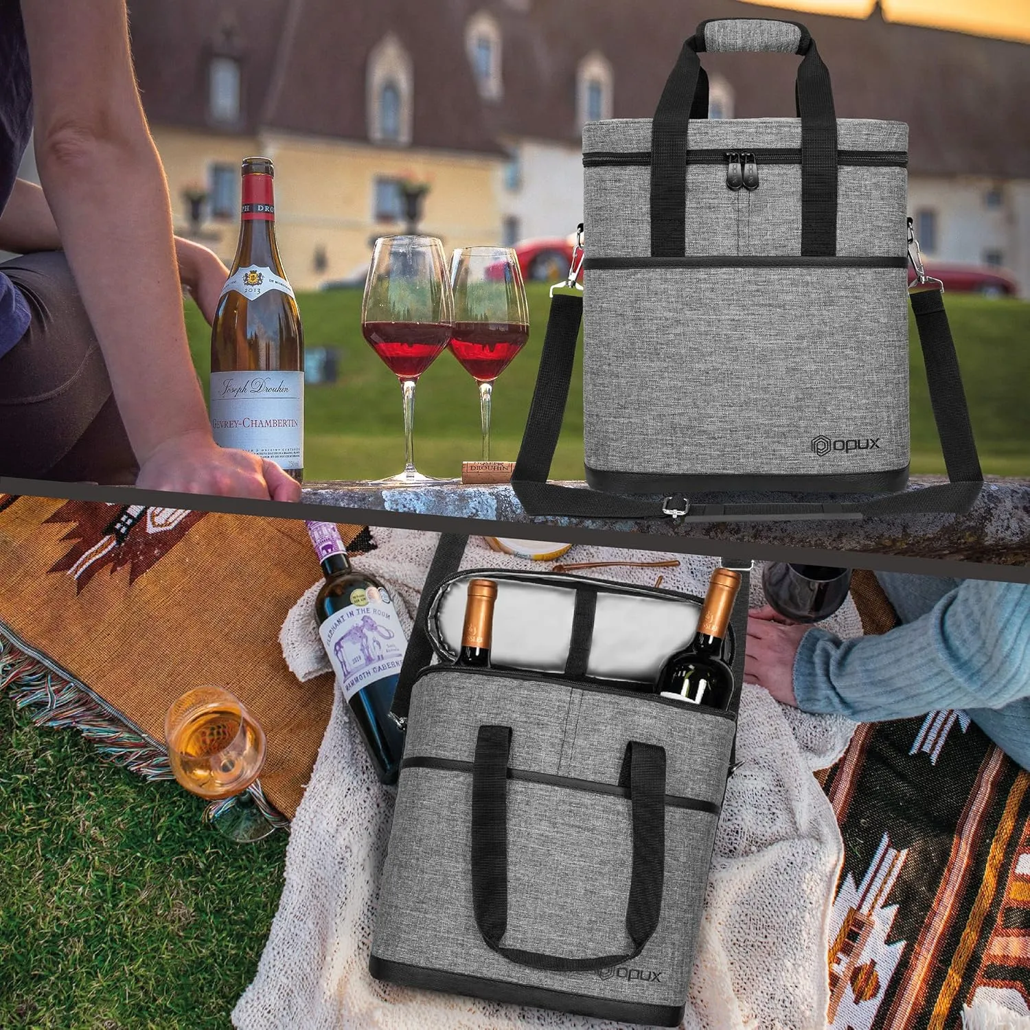 OPUX 3 Bottle Insulated Leakproof Wine Cooler Bag, Portable Wine Bottle Carrying Case - Grey