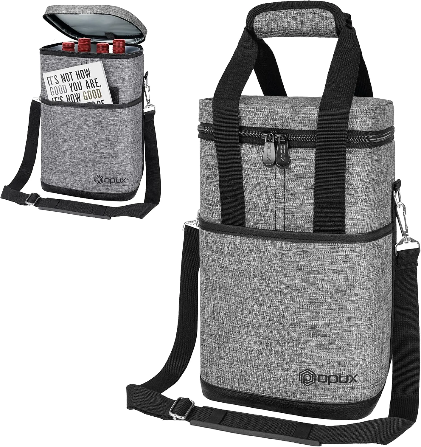 Opux 4 Bottle Insulated Wine Cooler Bag - Leakproof Padded Portable Wine Bottle Tote for Travel Picnic BYOB - Heather Gray