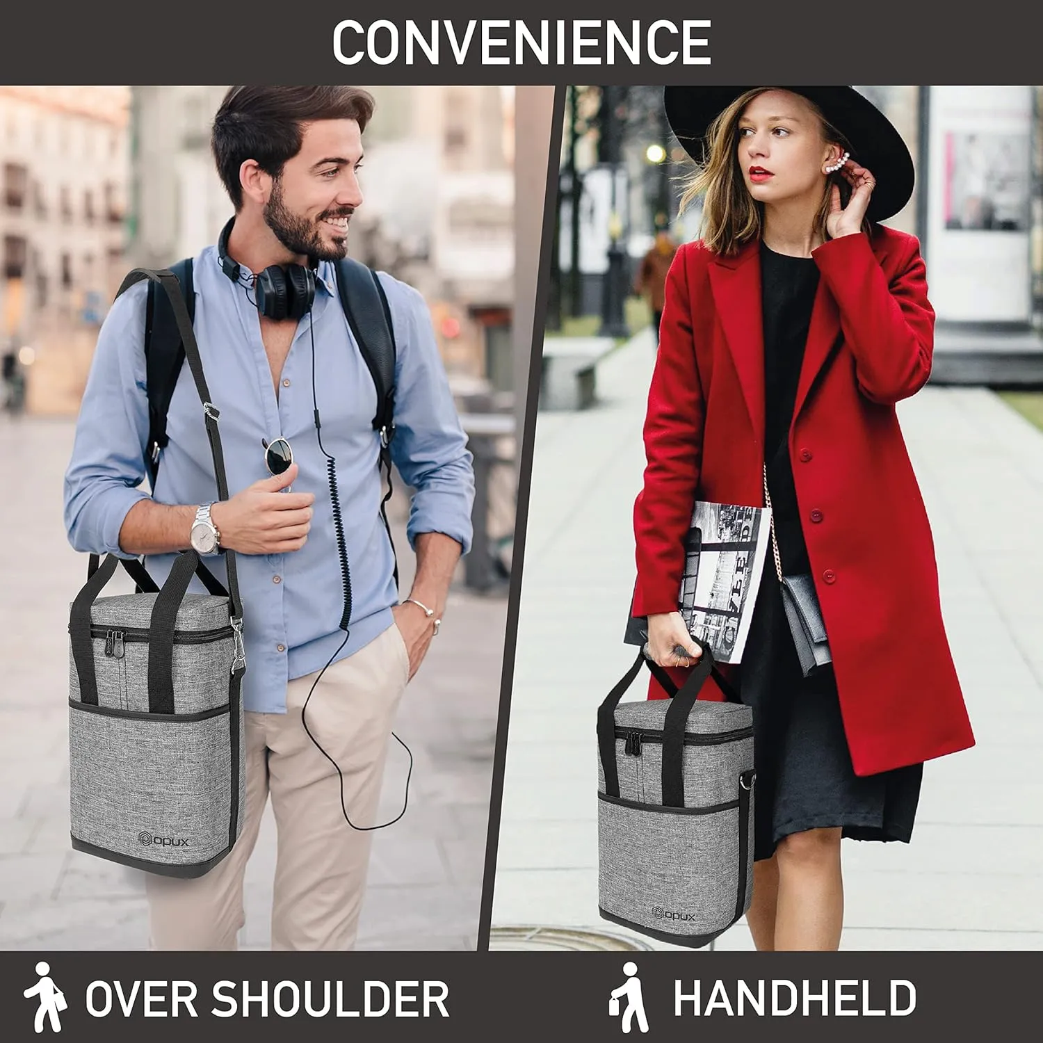 Opux 4 Bottle Insulated Wine Cooler Bag - Leakproof Padded Portable Wine Bottle Tote for Travel Picnic BYOB - Heather Gray