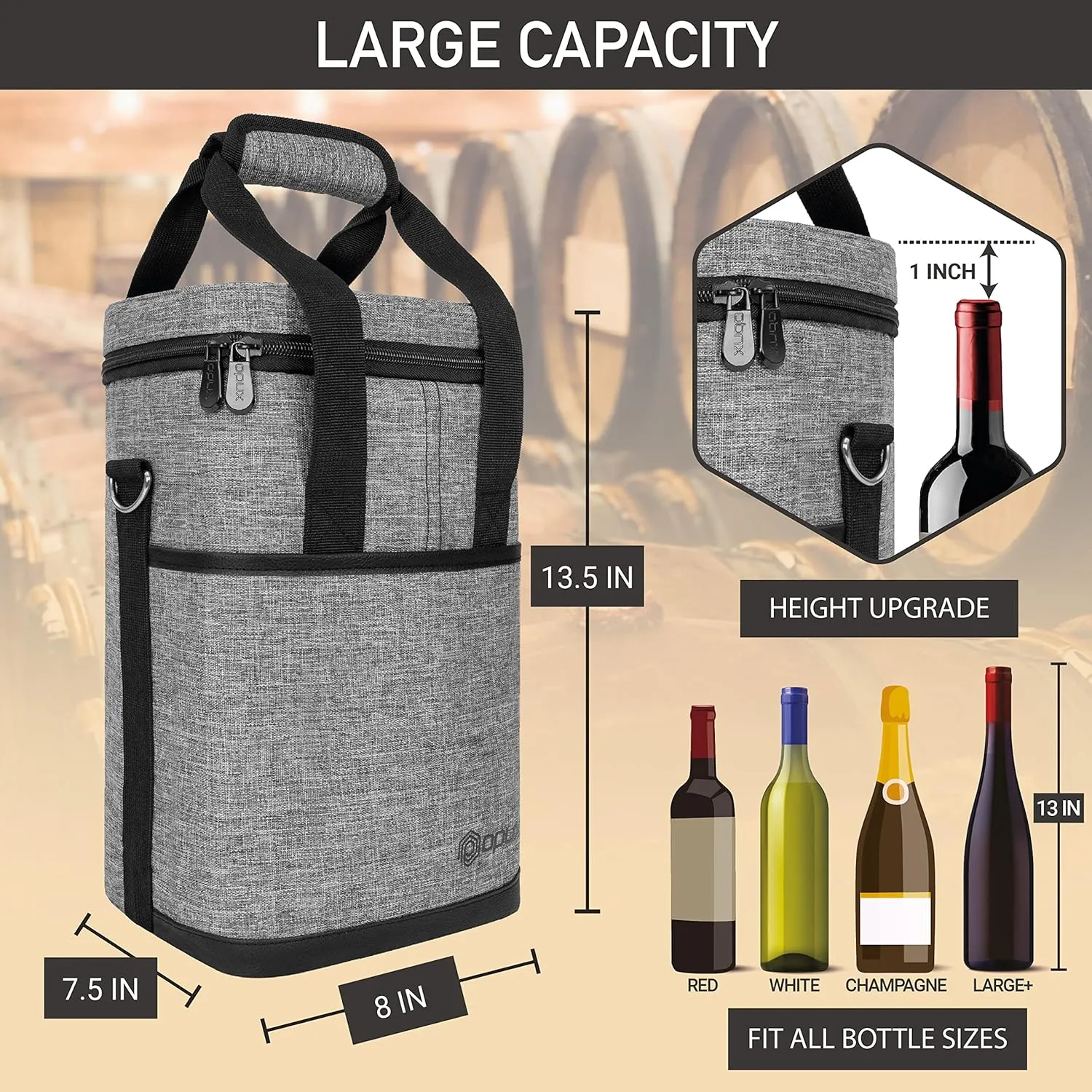 Opux 4 Bottle Insulated Wine Cooler Bag - Leakproof Padded Portable Wine Bottle Tote for Travel Picnic BYOB - Heather Gray