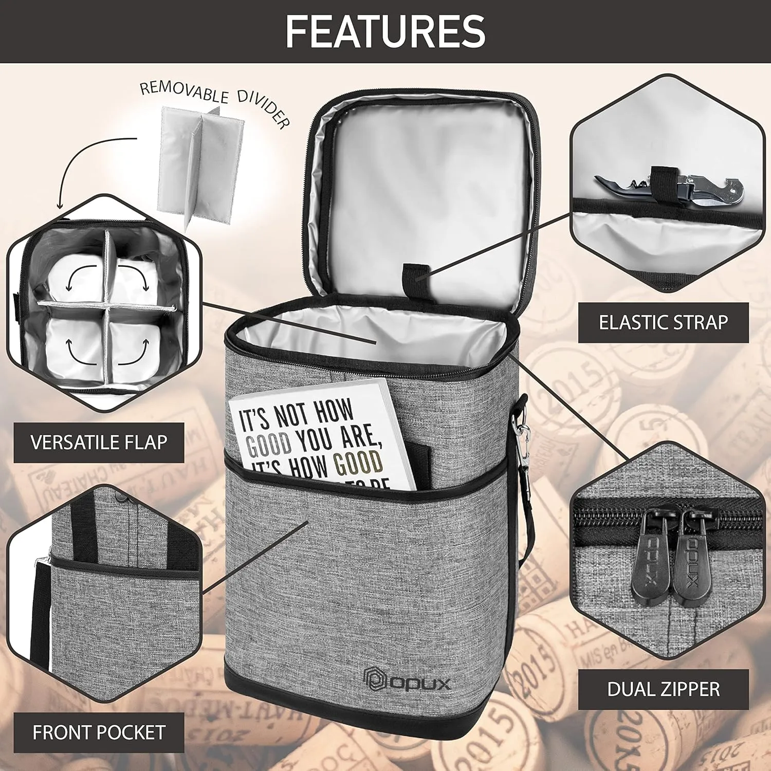 Opux 4 Bottle Insulated Wine Cooler Bag - Leakproof Padded Portable Wine Bottle Tote for Travel Picnic BYOB - Heather Gray