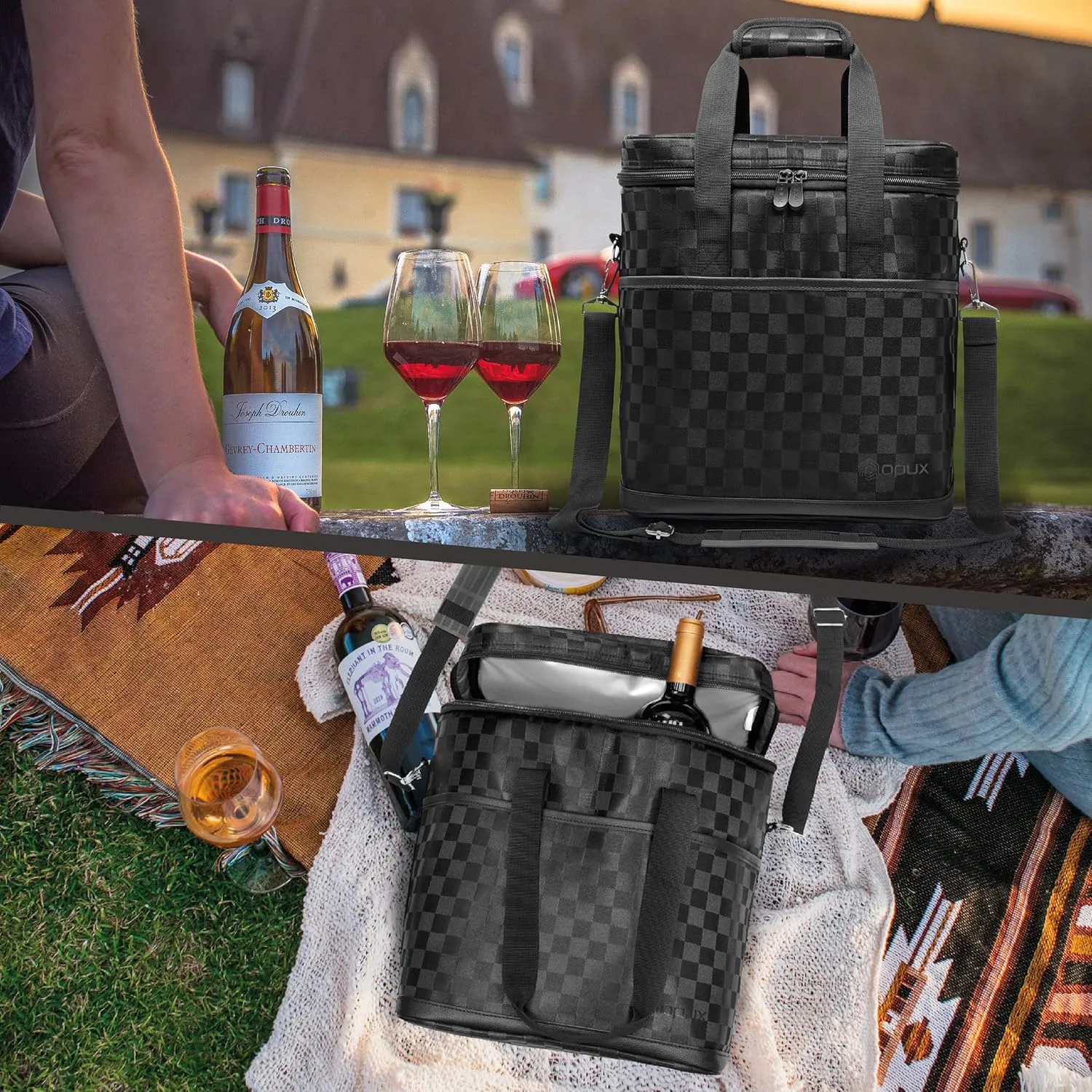 opux 6 Bottle Carrier Tote | Insulated Padded Wine Cooler Bag for Travel. Picnic, BYOB | Portable Leakproof Wine Tote Bag for Dinner, Party, Christmas, Wine Gift for Women, Men (Black Square)