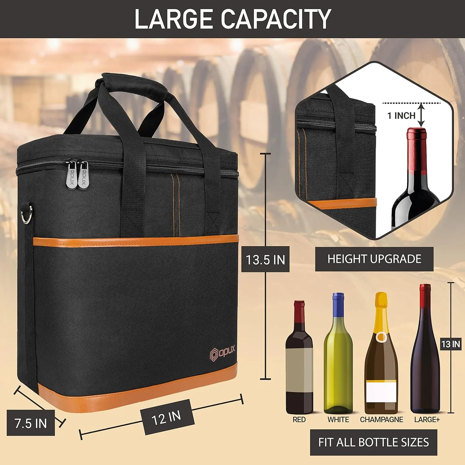 opux 6 Bottle Carrier Tote | Insulated Padded Wine Cooler Bag for Travel. Picnic, BYOB | Portable Leakproof Wine Tote Bag for Dinner, Party, Christmas, Wine Gift for Women, Men (Brown)