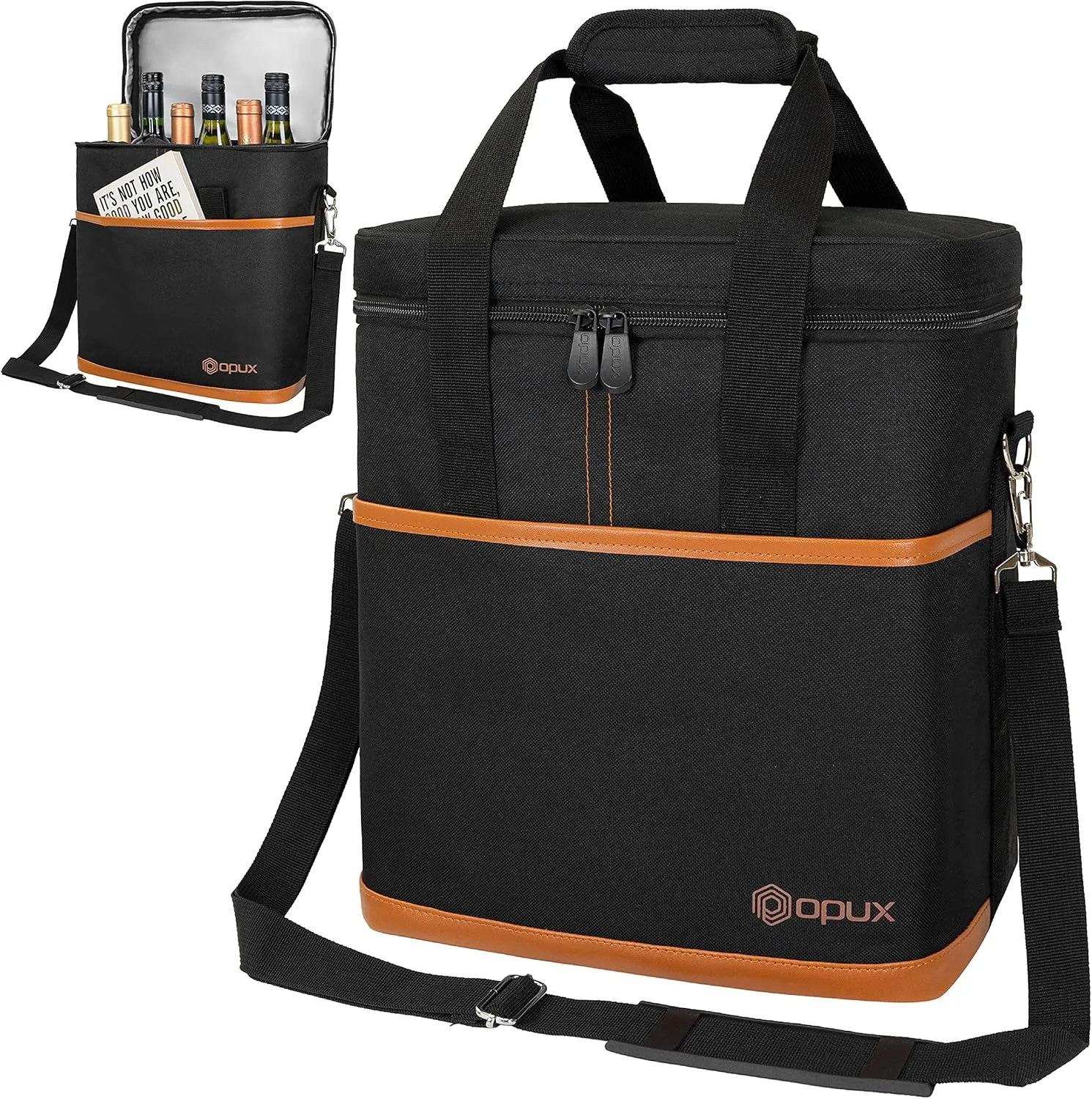 opux 6 Bottle Carrier Tote | Insulated Padded Wine Cooler Bag for Travel. Picnic, BYOB | Portable Leakproof Wine Tote Bag for Dinner, Party, Christmas, Wine Gift for Women, Men (Brown)