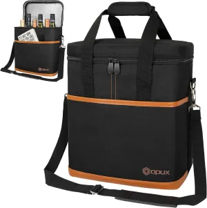 opux 6 Bottle Carrier Tote | Insulated Padded Wine Cooler Bag for Travel. Picnic, BYOB | Portable Leakproof Wine Tote Bag for Dinner, Party, Christmas, Wine Gift for Women, Men (Brown)