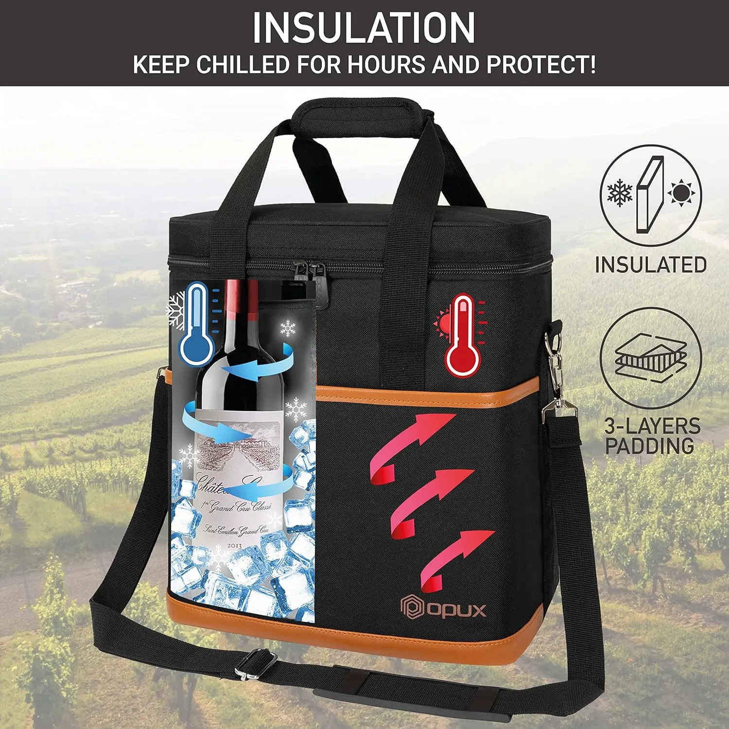 opux 6 Bottle Carrier Tote | Insulated Padded Wine Cooler Bag for Travel. Picnic, BYOB | Portable Leakproof Wine Tote Bag for Dinner, Party, Christmas, Wine Gift for Women, Men (Brown)