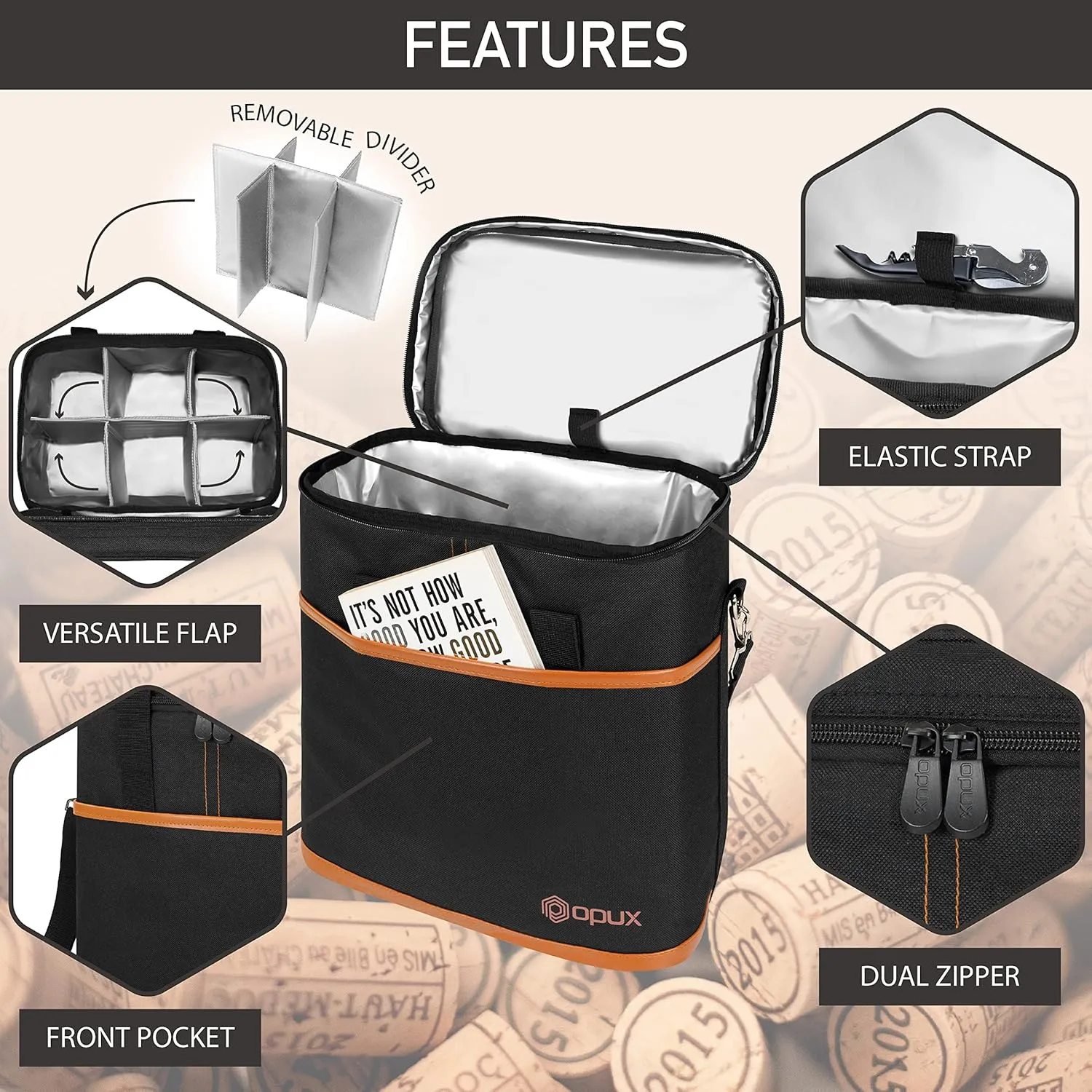 opux 6 Bottle Carrier Tote | Insulated Padded Wine Cooler Bag for Travel. Picnic, BYOB | Portable Leakproof Wine Tote Bag for Dinner, Party, Christmas, Wine Gift for Women, Men (Brown)