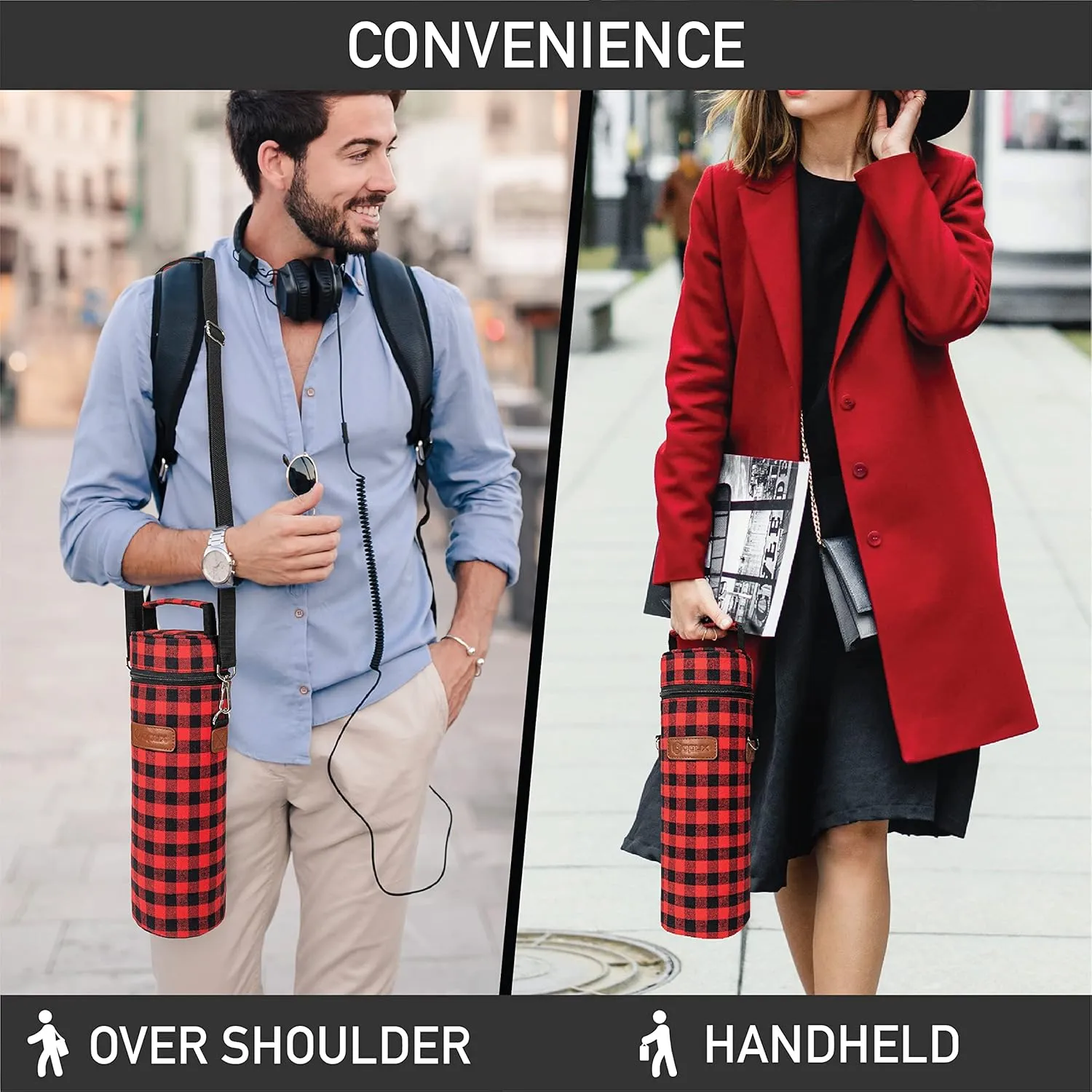 opux Wine Bag Single Bottle Carrier Tote, Insulated Wine Cooler Bag for Travel Picnic Beach with Shoulder Strap, Thermal One Bottle Holder Carrying Case Wine Gift for Women Men, Plaid Buffalo Red