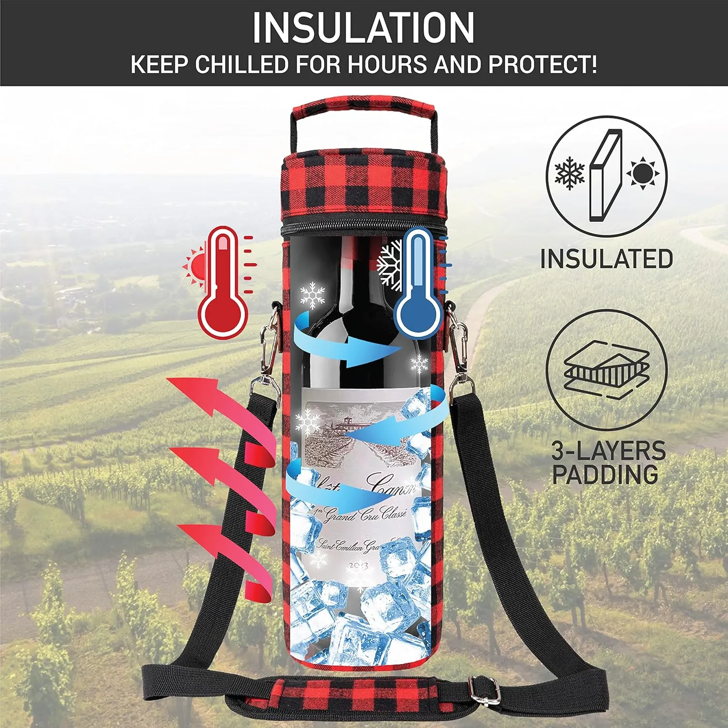 opux Wine Bag Single Bottle Carrier Tote, Insulated Wine Cooler Bag for Travel Picnic Beach with Shoulder Strap, Thermal One Bottle Holder Carrying Case Wine Gift for Women Men, Plaid Buffalo Red