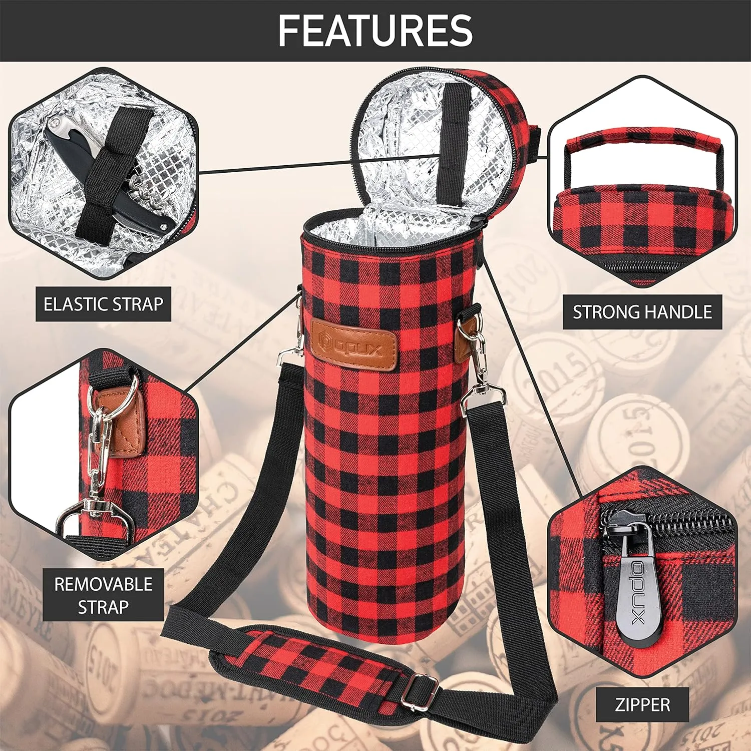 opux Wine Bag Single Bottle Carrier Tote, Insulated Wine Cooler Bag for Travel Picnic Beach with Shoulder Strap, Thermal One Bottle Holder Carrying Case Wine Gift for Women Men, Plaid Buffalo Red
