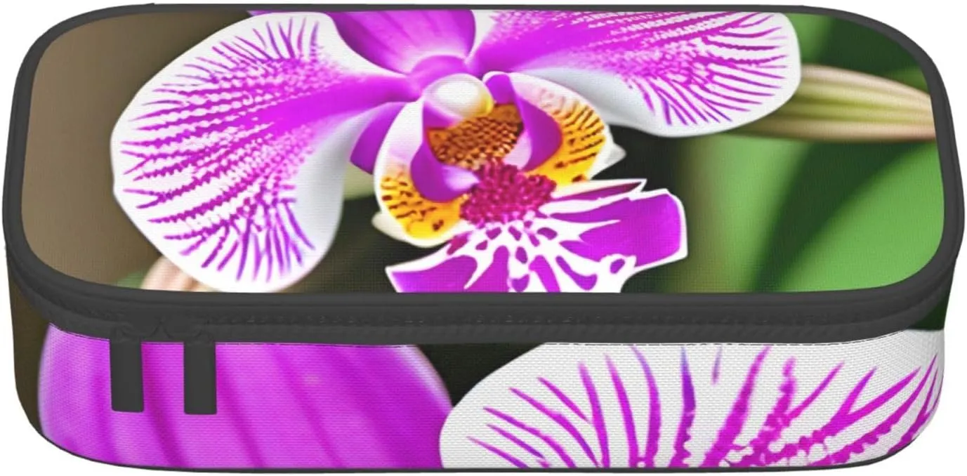 Orchid Print Large Capacity Compartments Pencil Case Pencil Pouch Bag Travel Toiletry Organizer Bag