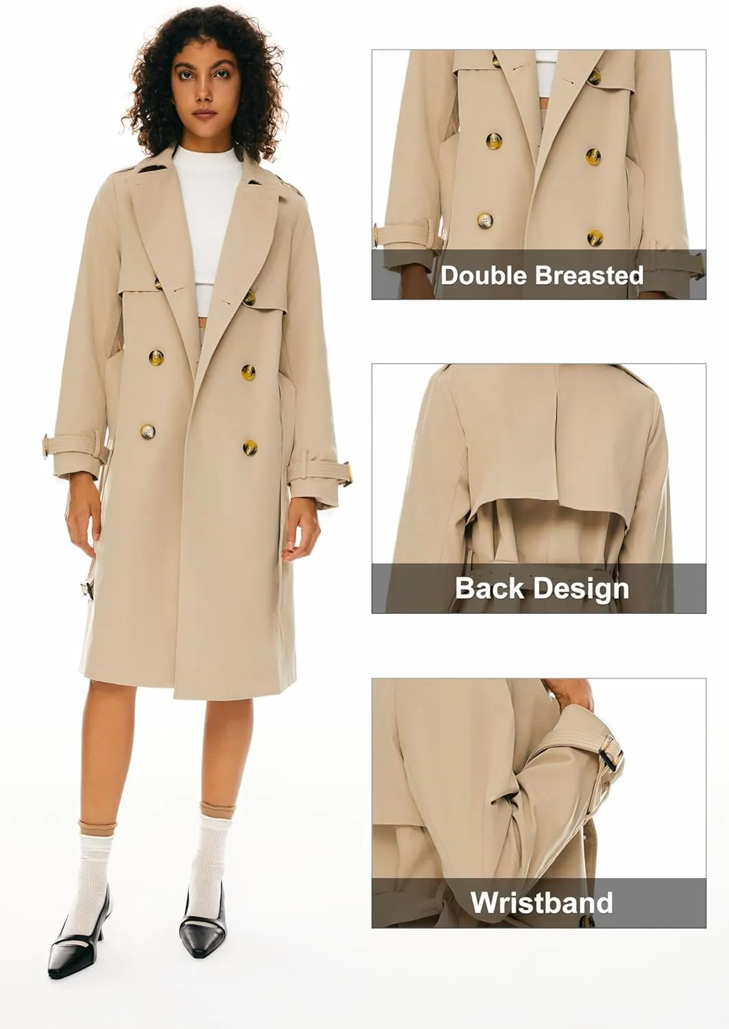 Orolay Women's 3/4 Length Double Breasted Trench Coat Lapel Jacket with Belt