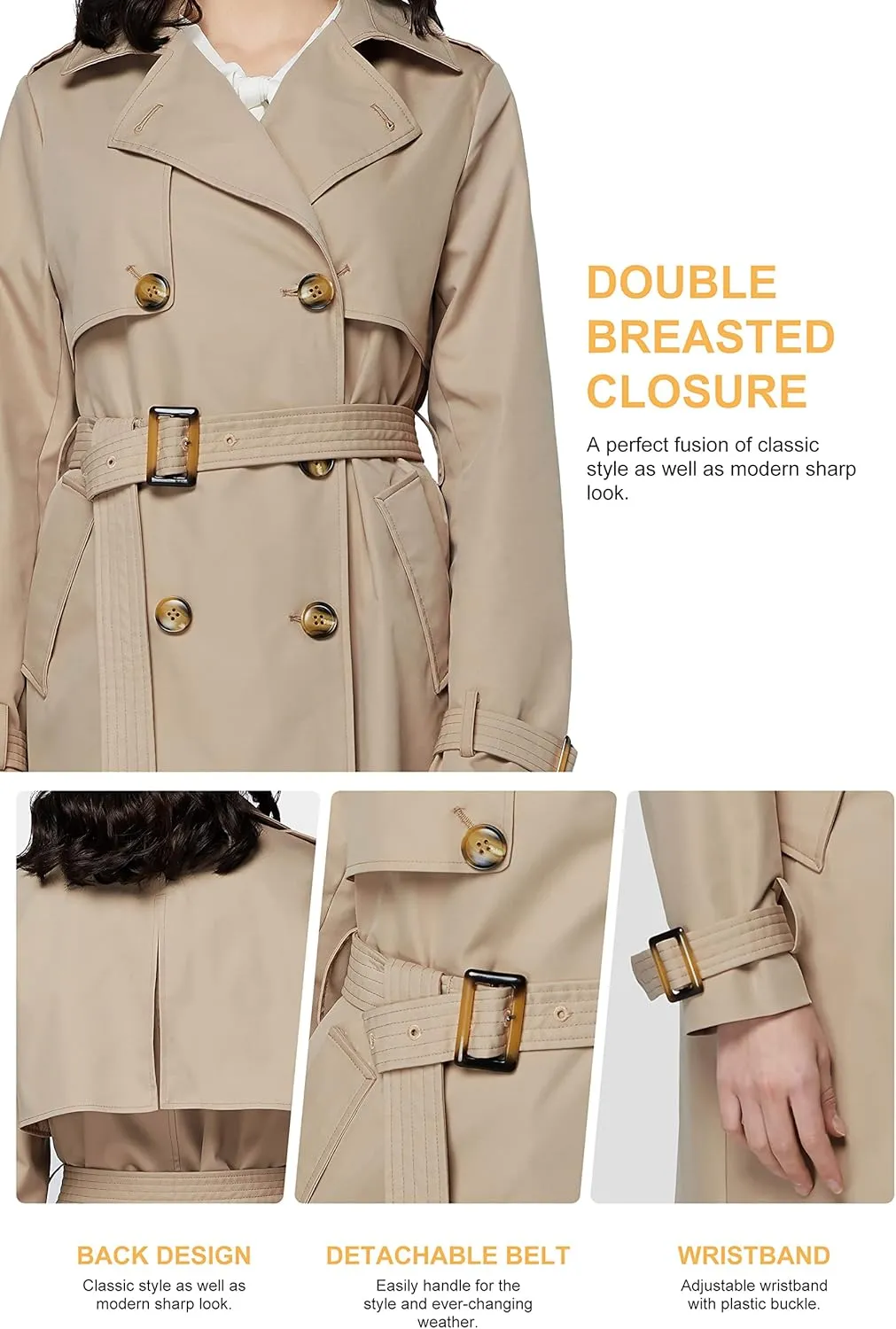 Orolay Women's 3/4 Length Double Breasted Trench Coat Lapel Jacket with Belt