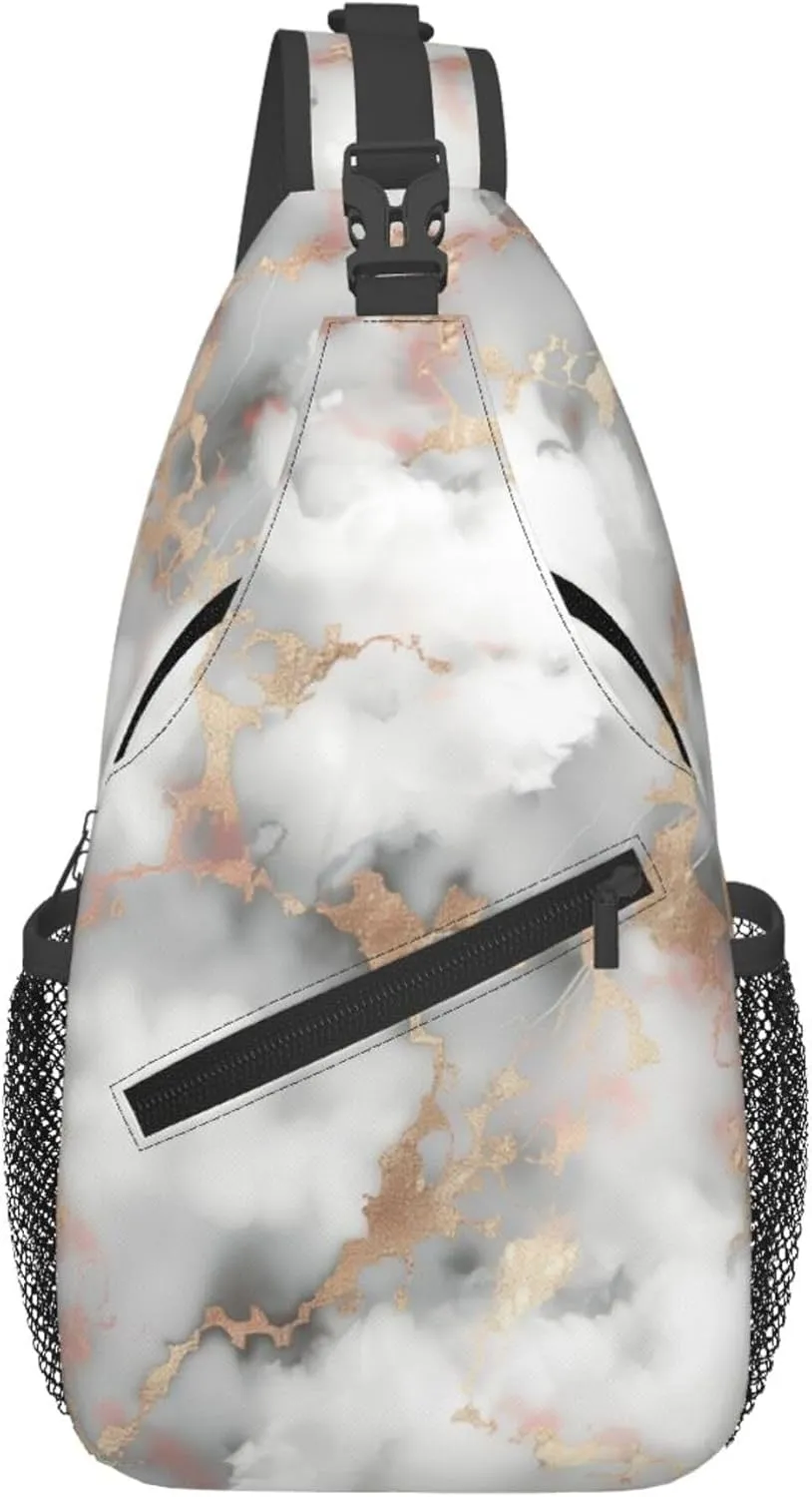 OSAM SPACE Gold Marble Texture Sling Bag Crossbody Backpack, Modern Sling Chest Bag for Women Men Travel Gym Daypack