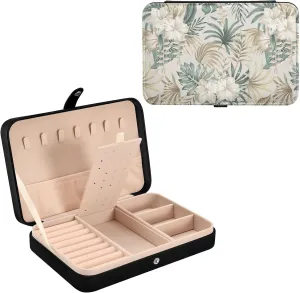 Oyihfvs Beige Tropical Hibiscus Flowers Leaves Exotic Jungle Palm Leaves Leather Jewelry Bag, Jewelry Storage, Portable Jewelry Organizer Boxes for Women Lady Necklace, Earrings, Rings, Bracelet