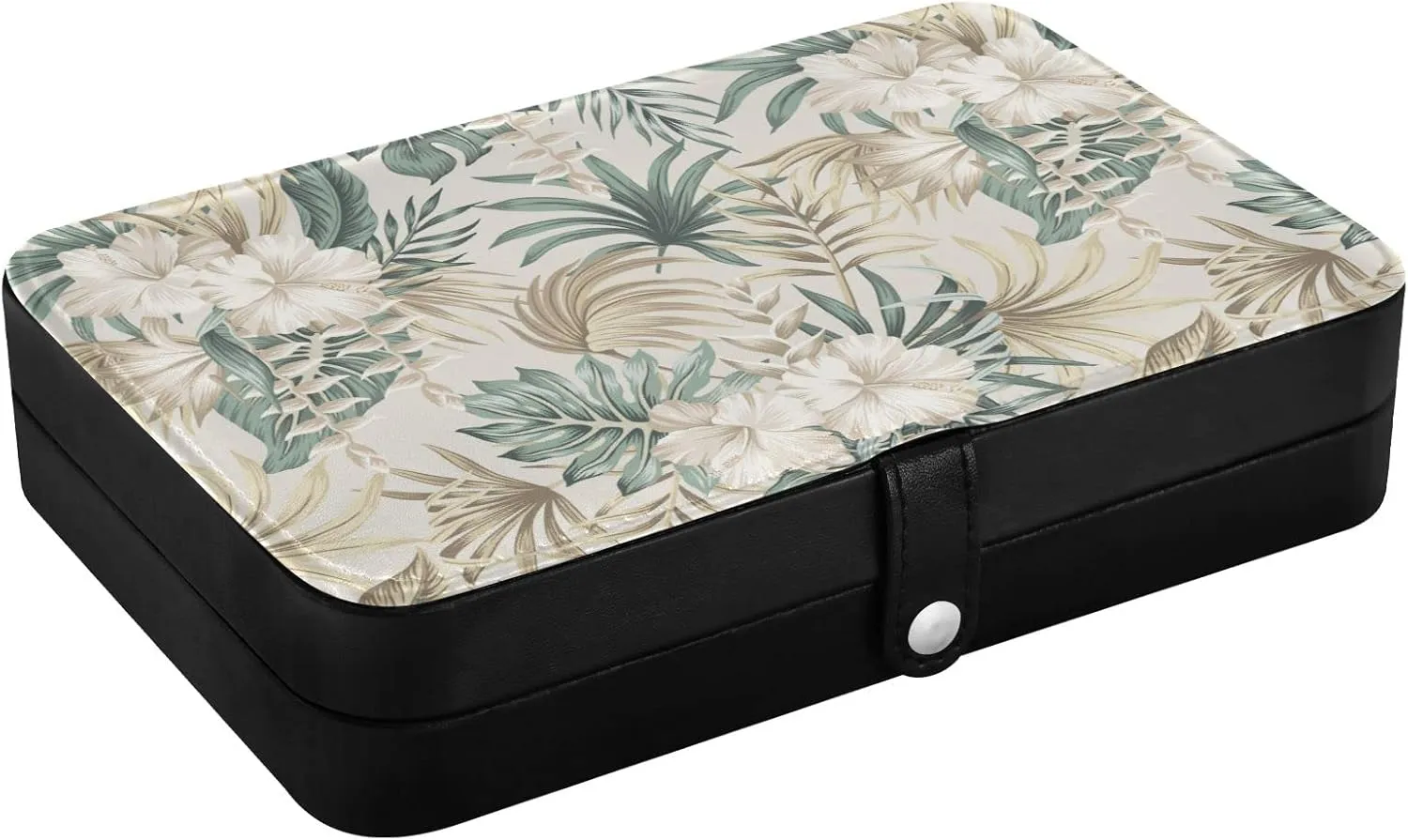 Oyihfvs Beige Tropical Hibiscus Flowers Leaves Exotic Jungle Palm Leaves Leather Jewelry Bag, Jewelry Storage, Portable Jewelry Organizer Boxes for Women Lady Necklace, Earrings, Rings, Bracelet