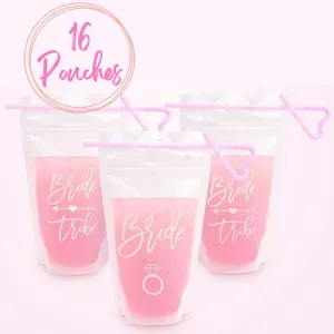 PaperBag and Co Bachelorette Drink Pouches for Adults, 16 Count, 15 Oz Drink Pouches with Straws, Rose Gold, Bride and Bride Tribe, Bachelorette Party Cups, Bride Drink Pouches, Disposable Cups