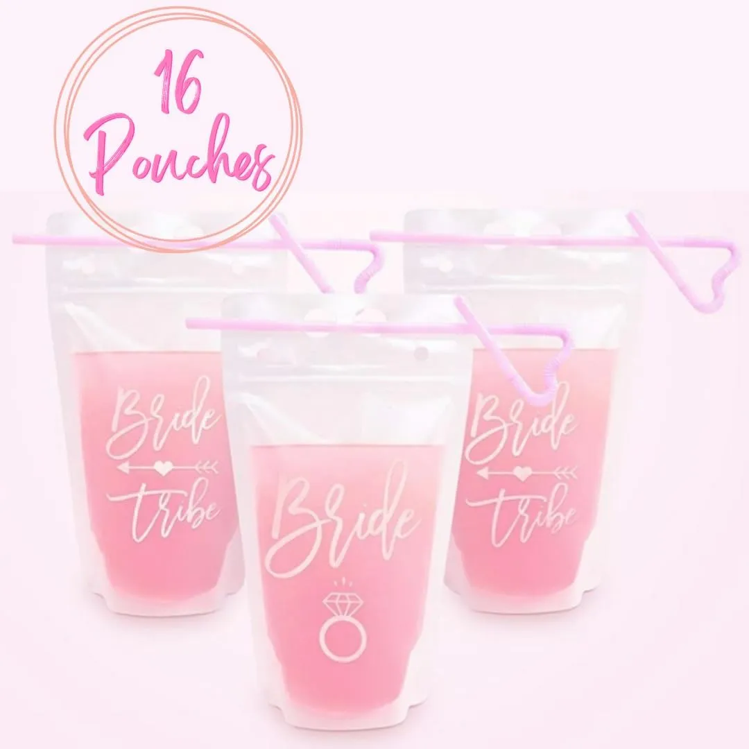 PaperBag and Co Bachelorette Drink Pouches for Adults, 16 Count, 15 Oz Drink Pouches with Straws, Rose Gold, Bride and Bride Tribe, Bachelorette Party Cups, Bride Drink Pouches, Disposable Cups