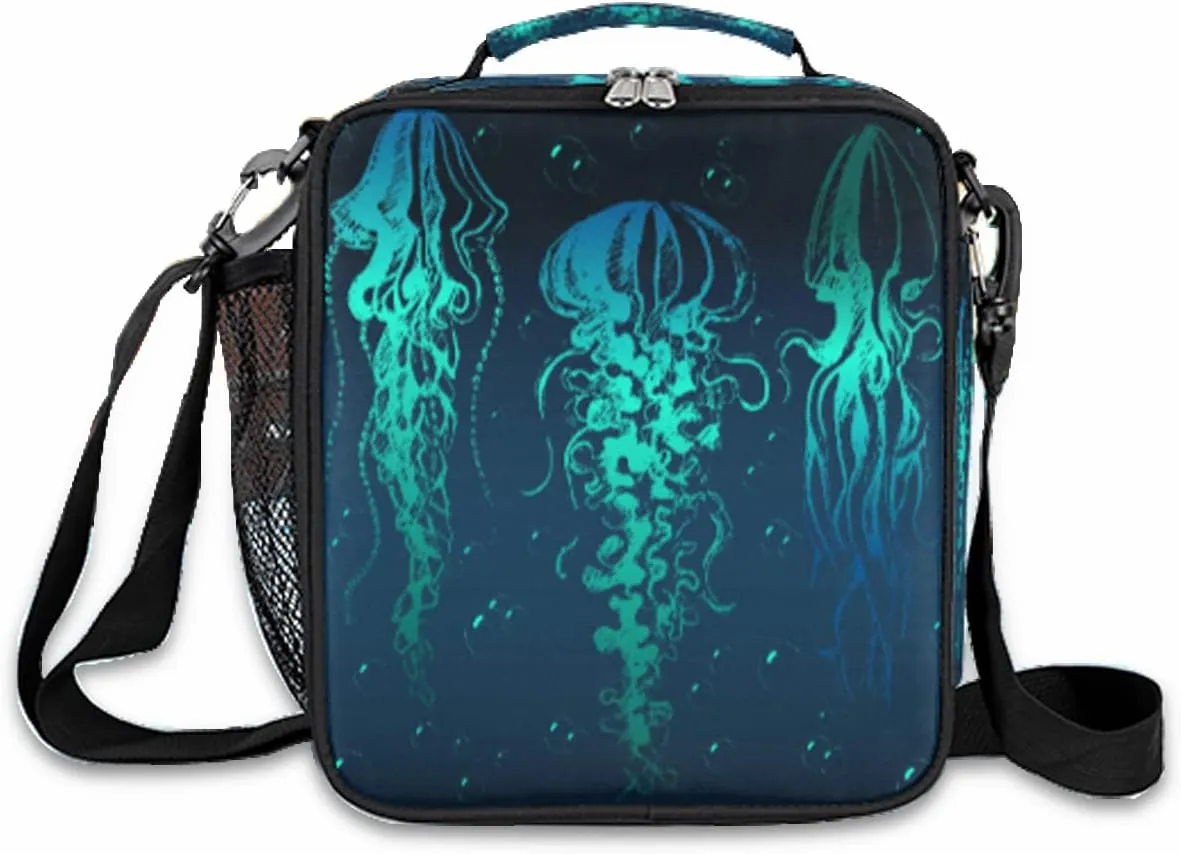Pardick Insulated Lunch Bag for Kids Boy Girl Turquoise Jellyfish Lunch Box with Shoulder Strap,Durable Reusable Waterproof Meal Prep Bag for Work School Picnic Thermal Cooler Bag
