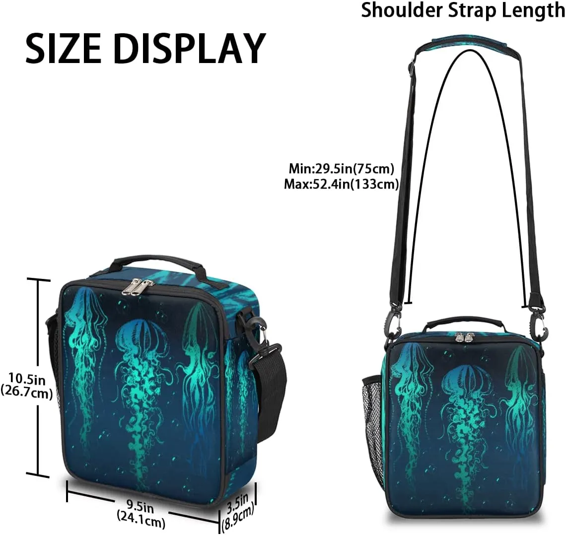 Pardick Insulated Lunch Bag for Kids Boy Girl Turquoise Jellyfish Lunch Box with Shoulder Strap,Durable Reusable Waterproof Meal Prep Bag for Work School Picnic Thermal Cooler Bag