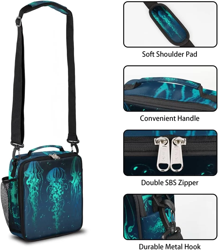 Pardick Insulated Lunch Bag for Kids Boy Girl Turquoise Jellyfish Lunch Box with Shoulder Strap,Durable Reusable Waterproof Meal Prep Bag for Work School Picnic Thermal Cooler Bag