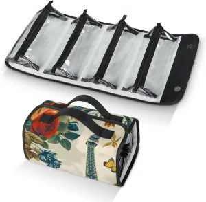 Paris Eiffel Travel Toiletry Bag for Women, 4 in 1 Roll Up Makeup Cosmetic Bag With 4 Removable PVC Zipper Pouch