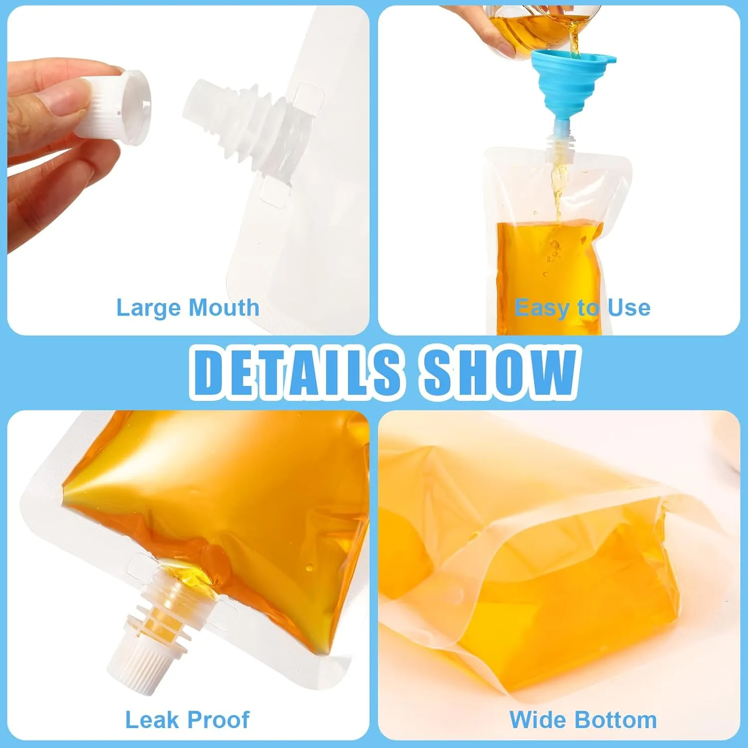 Patelai 300 Pieces Plastic Liquid Pouch Reusable Juice Pouches Travel Water Leak Proof Bags Bulk with Collapsible Silicone Funnel for Travel Outdoor (12 oz)