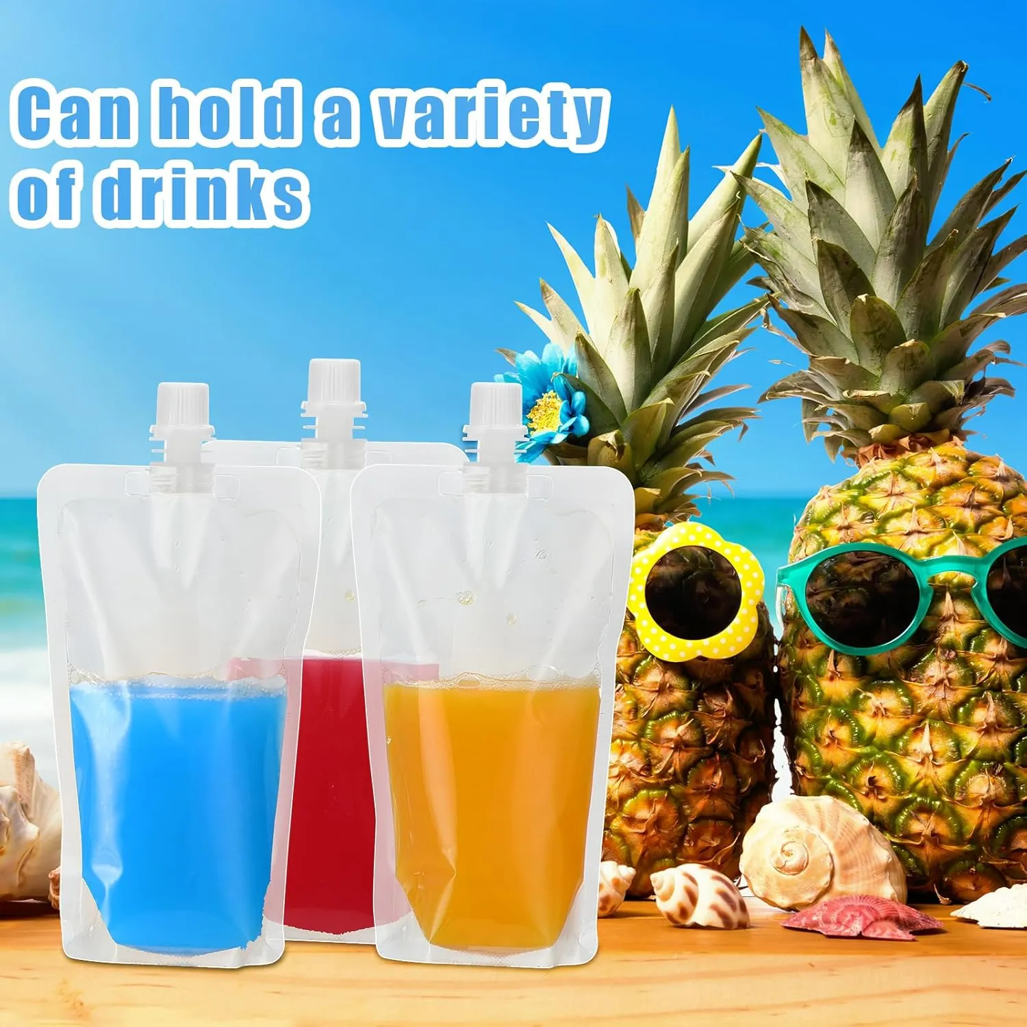 Patelai 300 Pieces Plastic Liquid Pouch Reusable Juice Pouches Travel Water Leak Proof Bags Bulk with Collapsible Silicone Funnel for Travel Outdoor (12 oz)