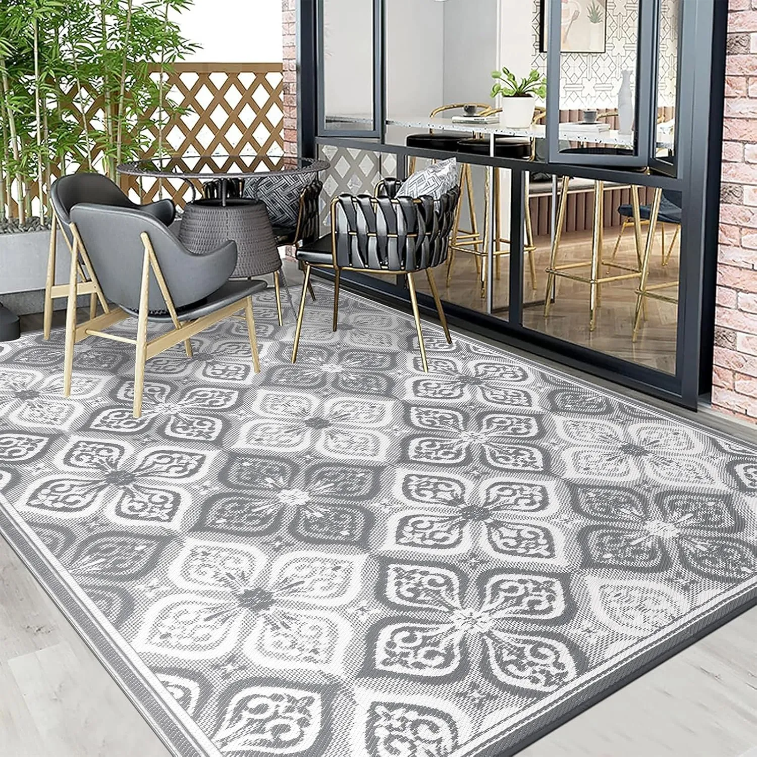 Pauwer Waterproof Outdoor Rug 8x10, Reversible Plastic Straw Patio Camping Rug, Indoor Outdoor RV Mat Carpet for Deck, Camper, Porch, Balcony, Backyard, Picnic, Clover Grey