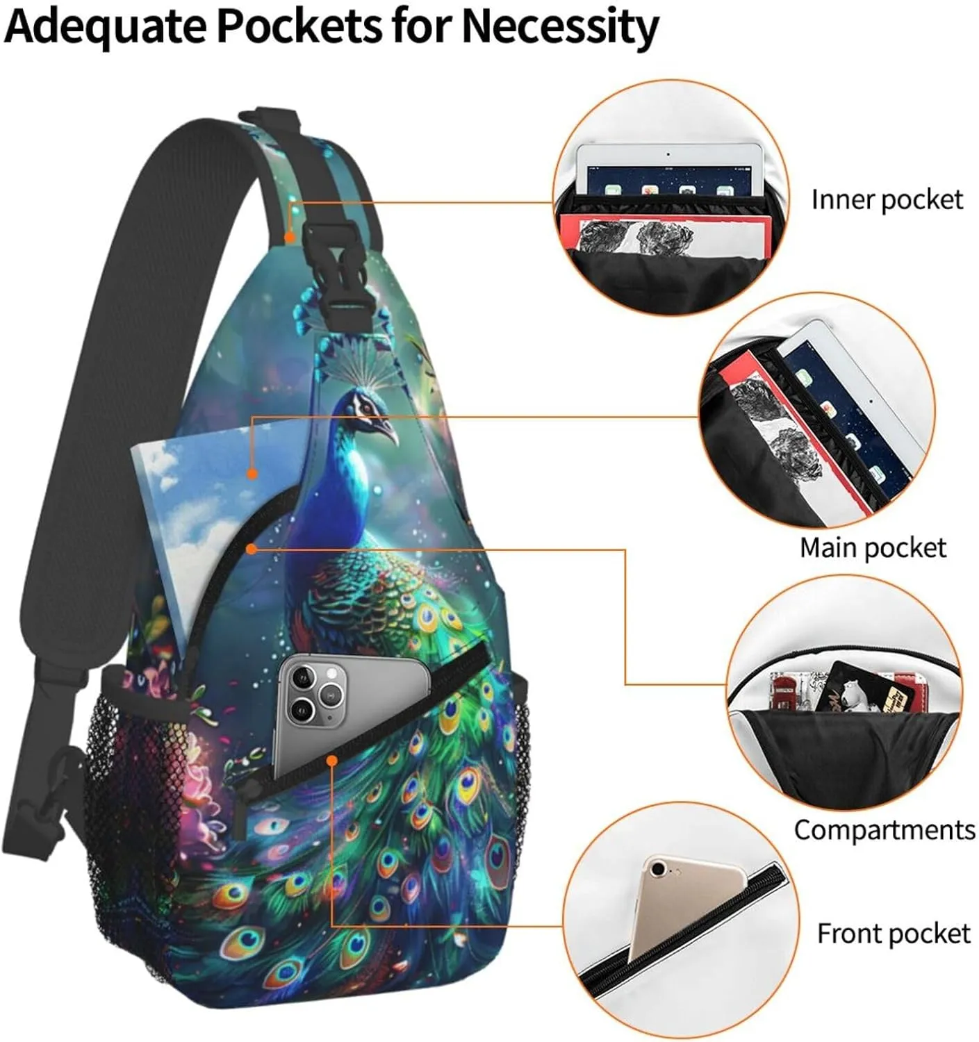 Peacock Sling Bag For Women Men Fashion Backpack Crossbody Beautiful Peacock Shoulder Bag Sling Backpack Chest Bag Travel Hiking Casual Sport Daypack
