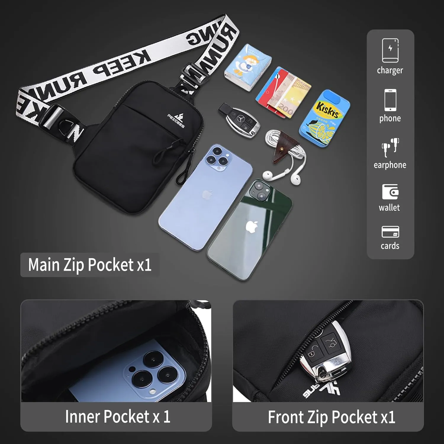 Peicees Mini Crossbody Sling Bag Chest Bag Dual Pocket Water Resistant Fanny Pack Running Phone Holder for Men Women Workout Travel, Army Green