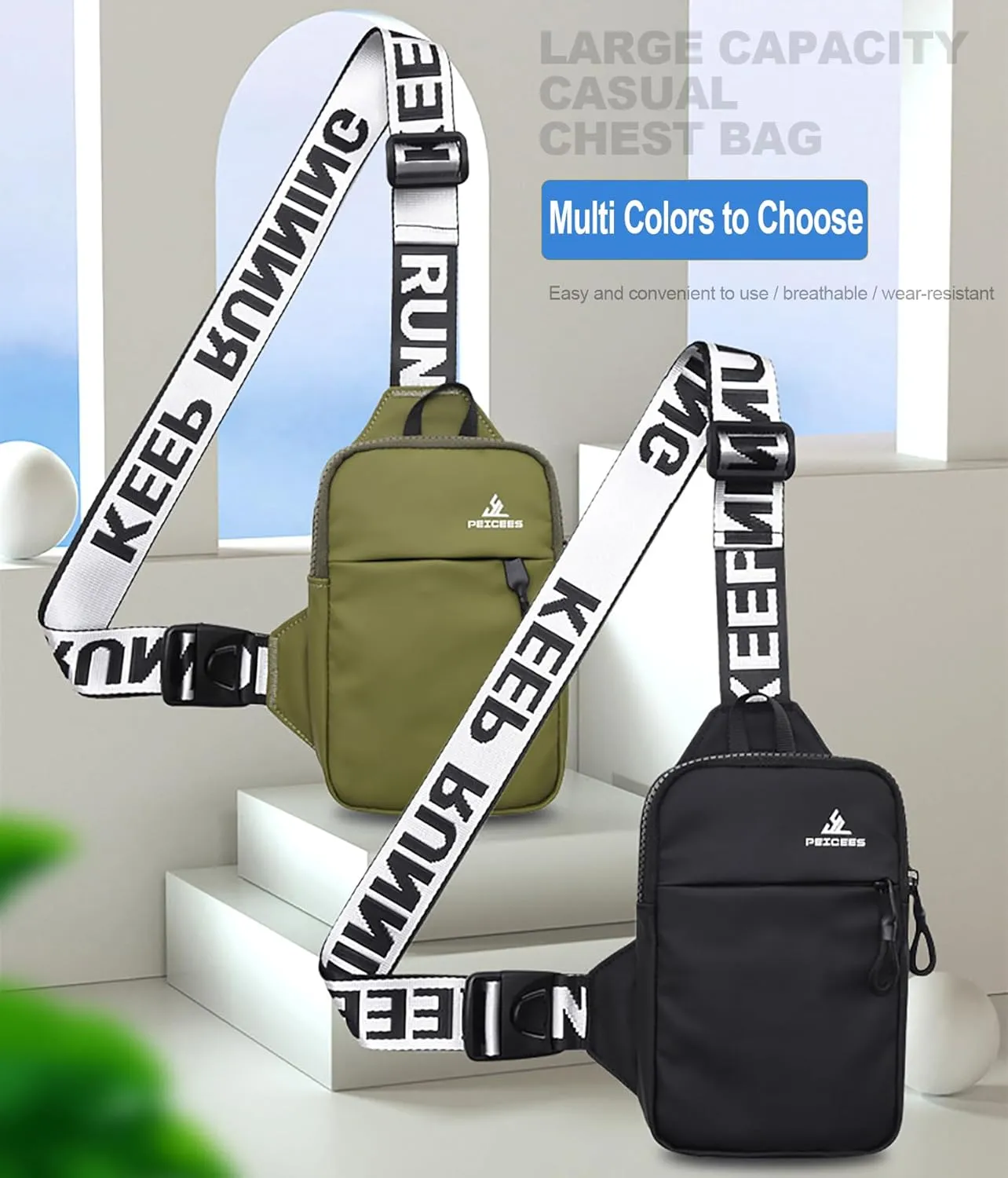 Peicees Mini Crossbody Sling Bag Chest Bag Dual Pocket Water Resistant Fanny Pack Running Phone Holder for Men Women Workout Travel, Army Green