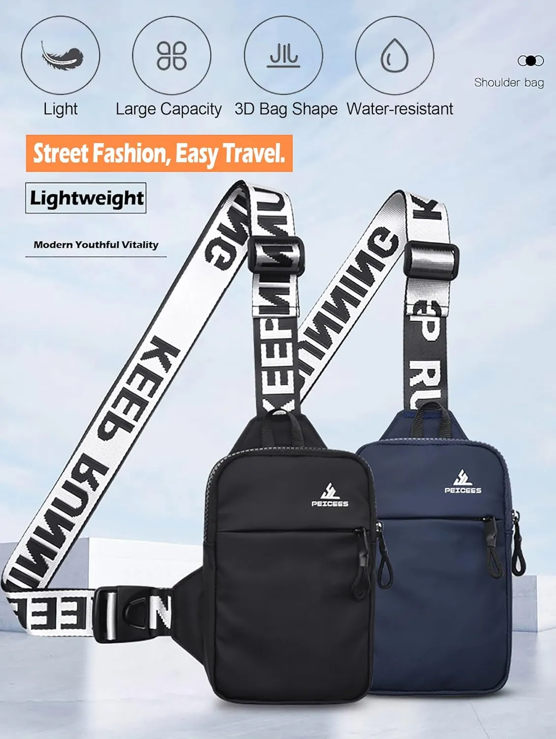 Peicees Mini Crossbody Sling Bag Chest Bag Dual Pocket Water Resistant Fanny Pack Running Phone Holder for Men Women Workout Travel, Black