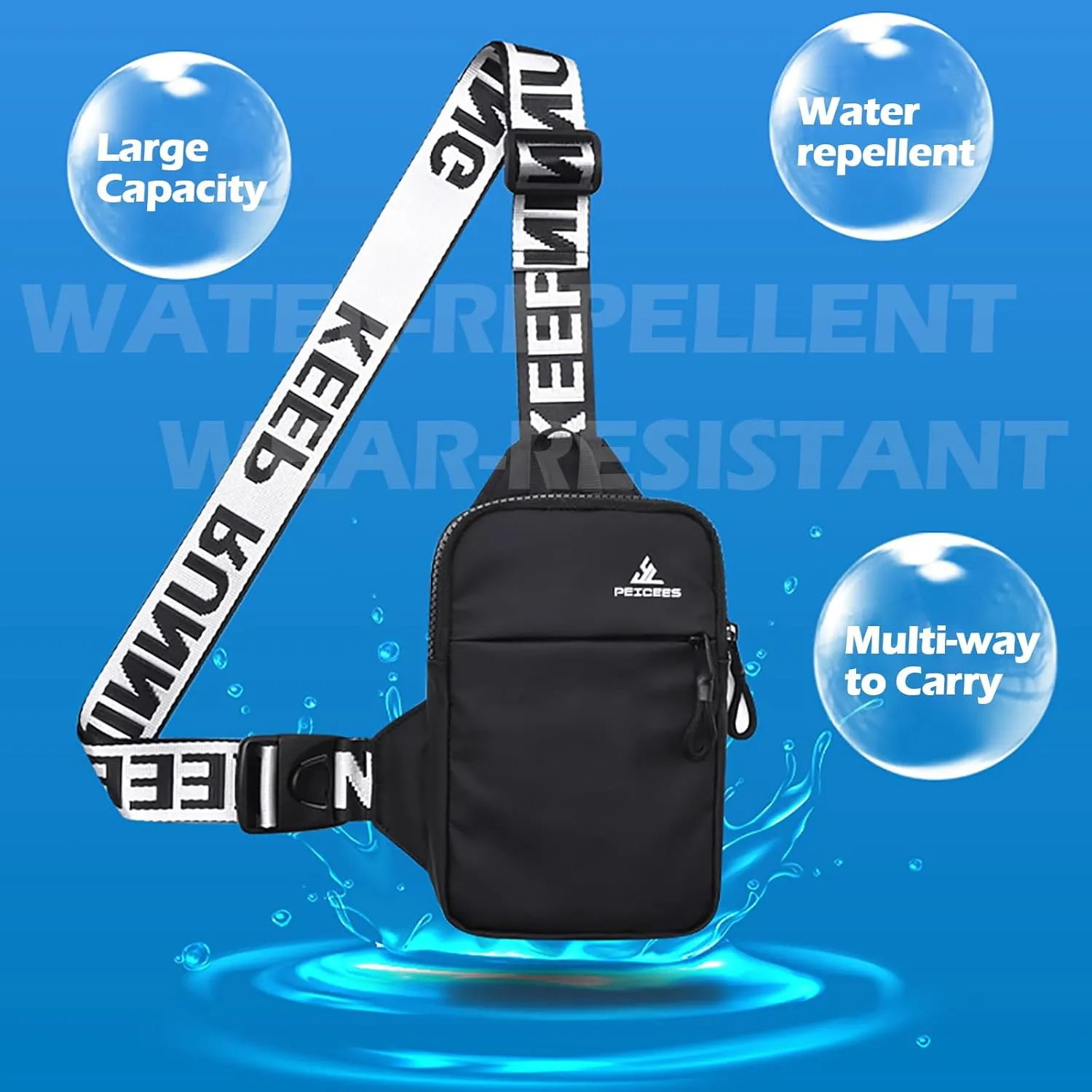 Peicees Mini Crossbody Sling Bag Chest Bag Dual Pocket Water Resistant Fanny Pack Running Phone Holder for Men Women Workout Travel, Black