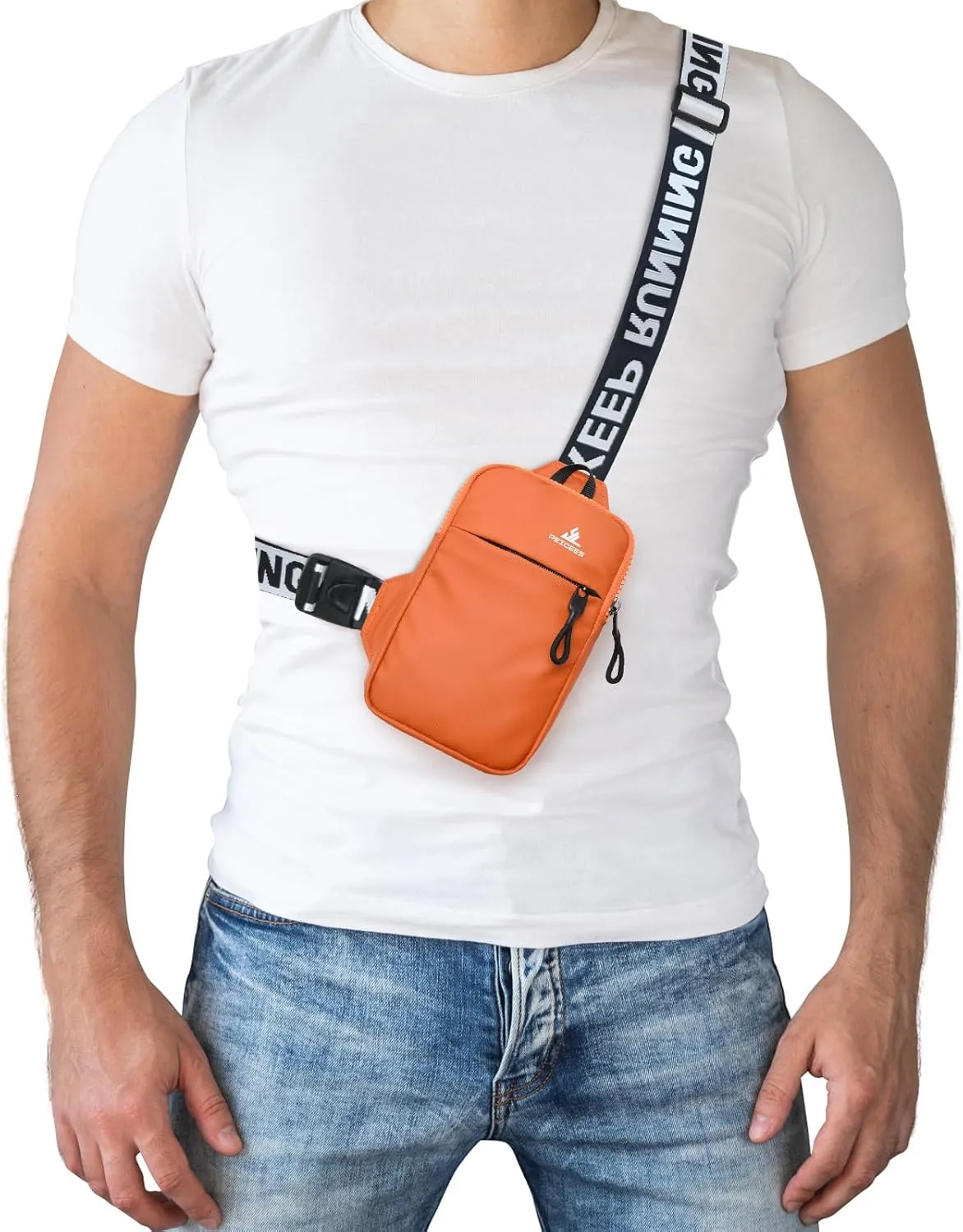 Peicees Mini Crossbody Sling Bag Chest Bag Dual Pocket Water Resistant Fanny Pack Running Phone Holder for Men Women Workout Travel, Orange