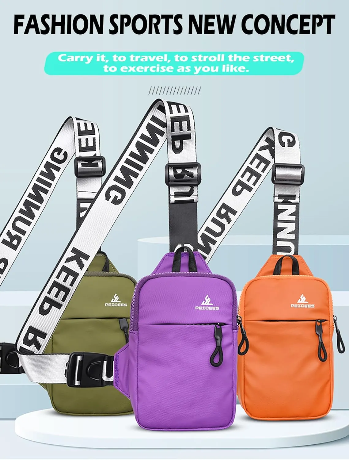 Peicees Mini Crossbody Sling Bag Chest Bag Dual Pocket Water Resistant Fanny Pack Running Phone Holder for Men Women Workout Travel, Orange