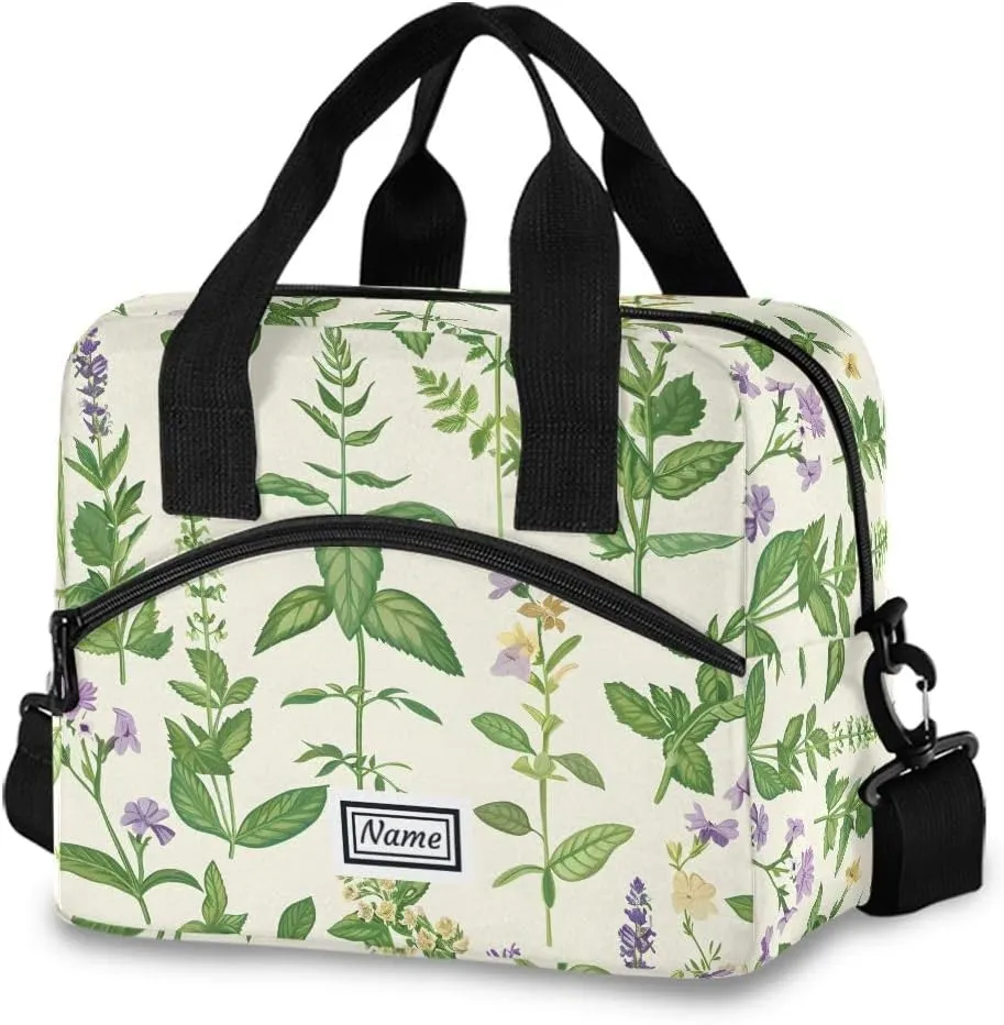 Personalized Insulated Lunch Bag Cooler Tote Bag Box Large for Women Men Herbal Herbaceous Name Customized School Work Portable Adjustable Shoulder Strap Pocket