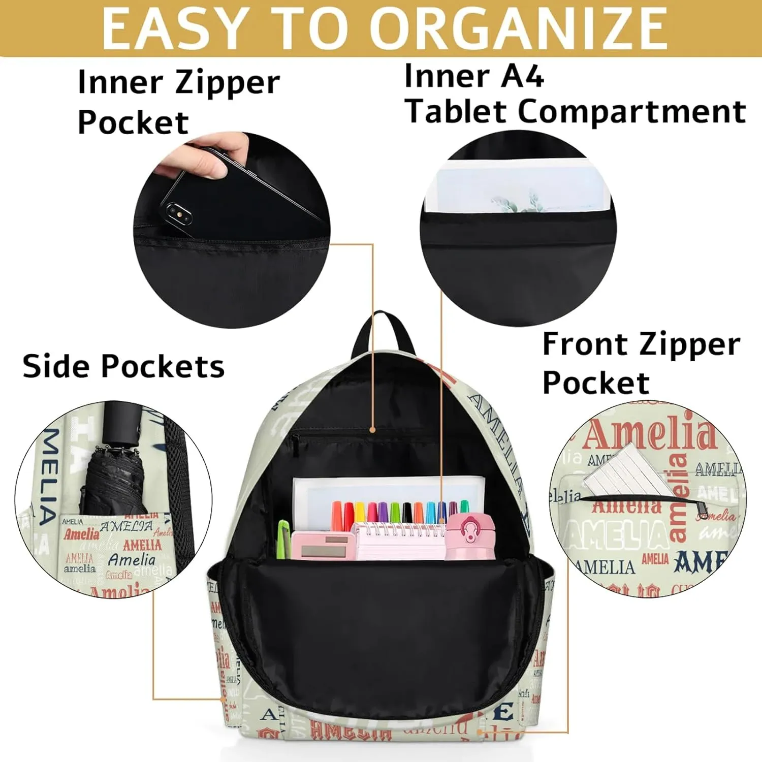 Personalized Name Backpack Custom Shoulder Bags for Women Men Waterproof Travel Casual Daypack Laoptop Bag 15.1in, Beige