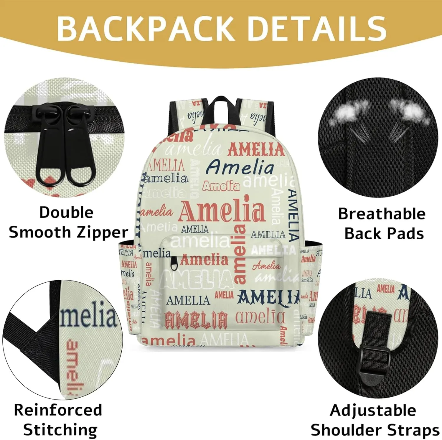 Personalized Name Backpack Custom Shoulder Bags for Women Men Waterproof Travel Casual Daypack Laoptop Bag 15.1in, Beige