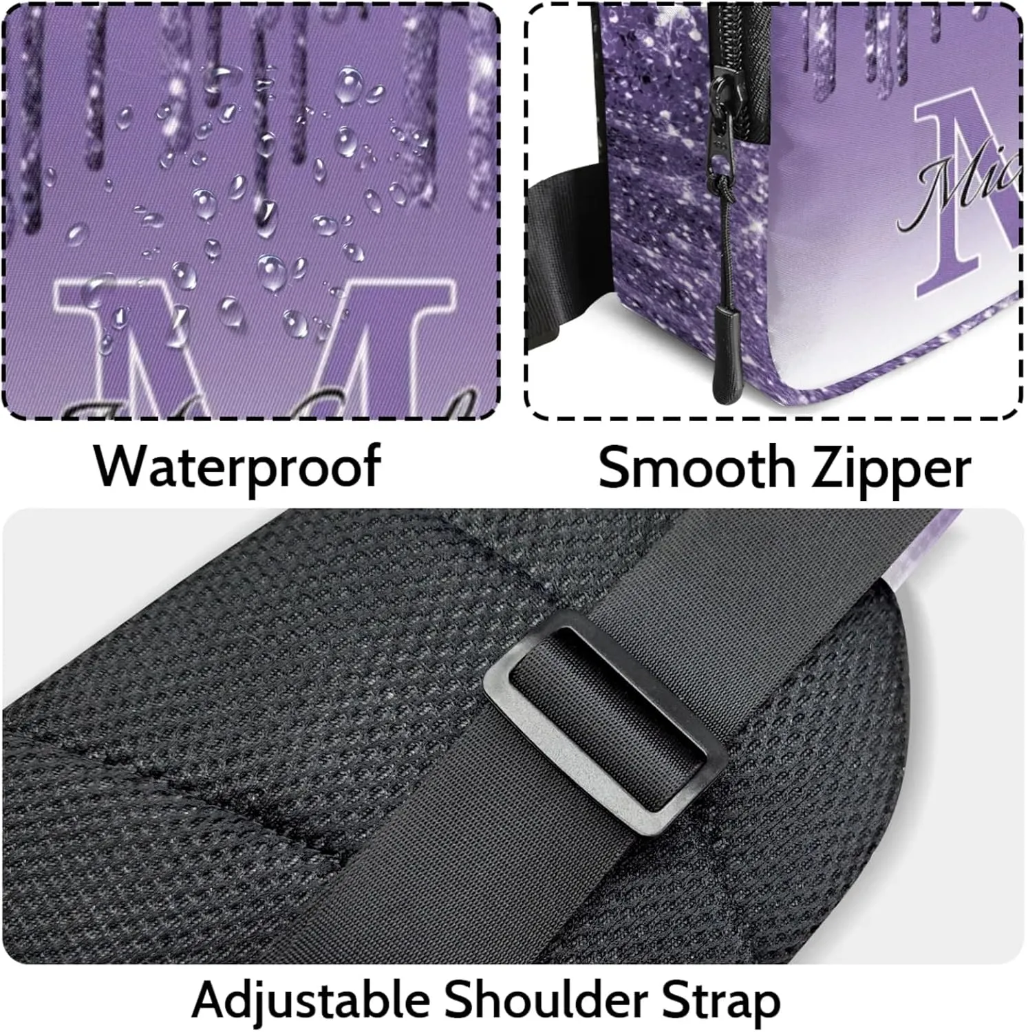 Personalized Sling Bag with Initial Name Custom Crossbody Sling Backpack Customize Chest Bag Daypack for Men Women, Dark Purple Glitter