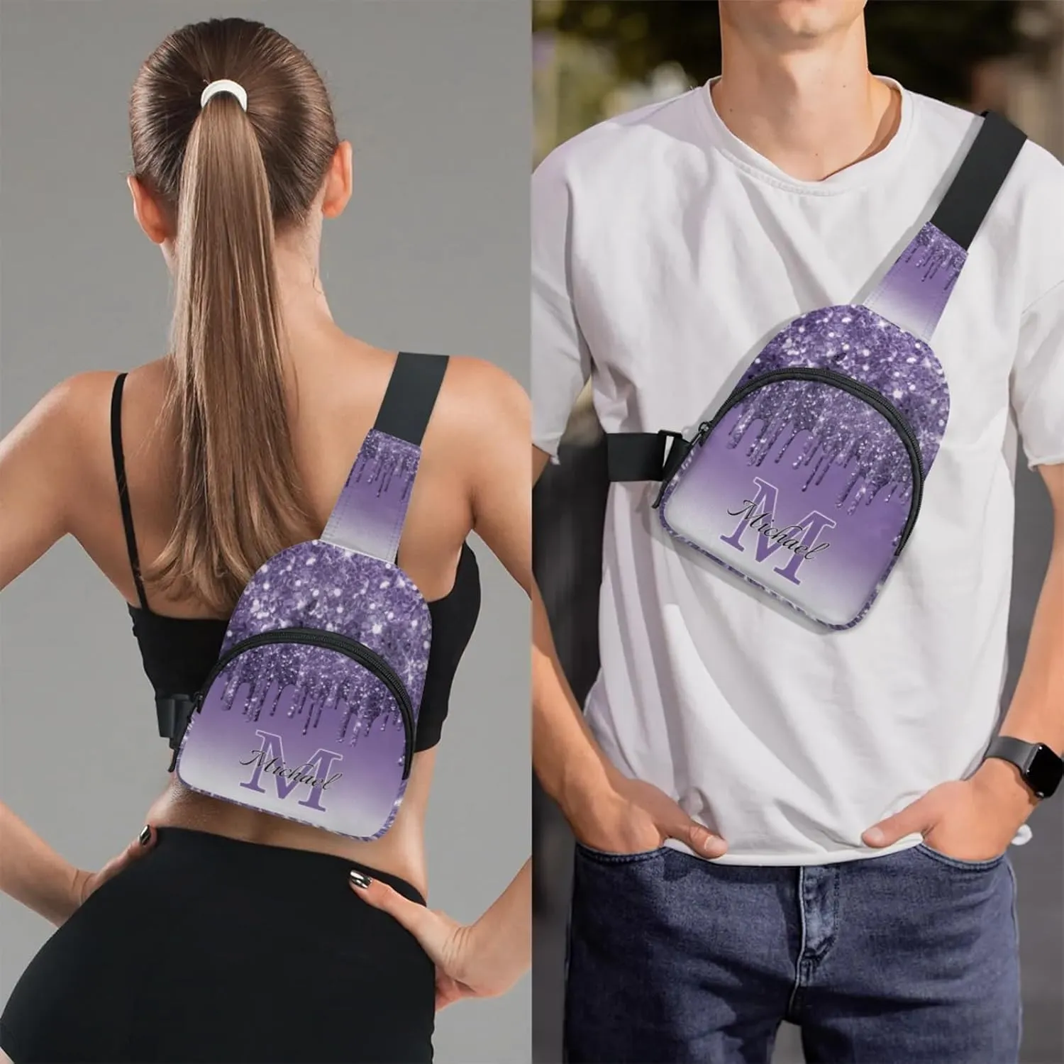 Personalized Sling Bag with Initial Name Custom Crossbody Sling Backpack Customize Chest Bag Daypack for Men Women, Dark Purple Glitter