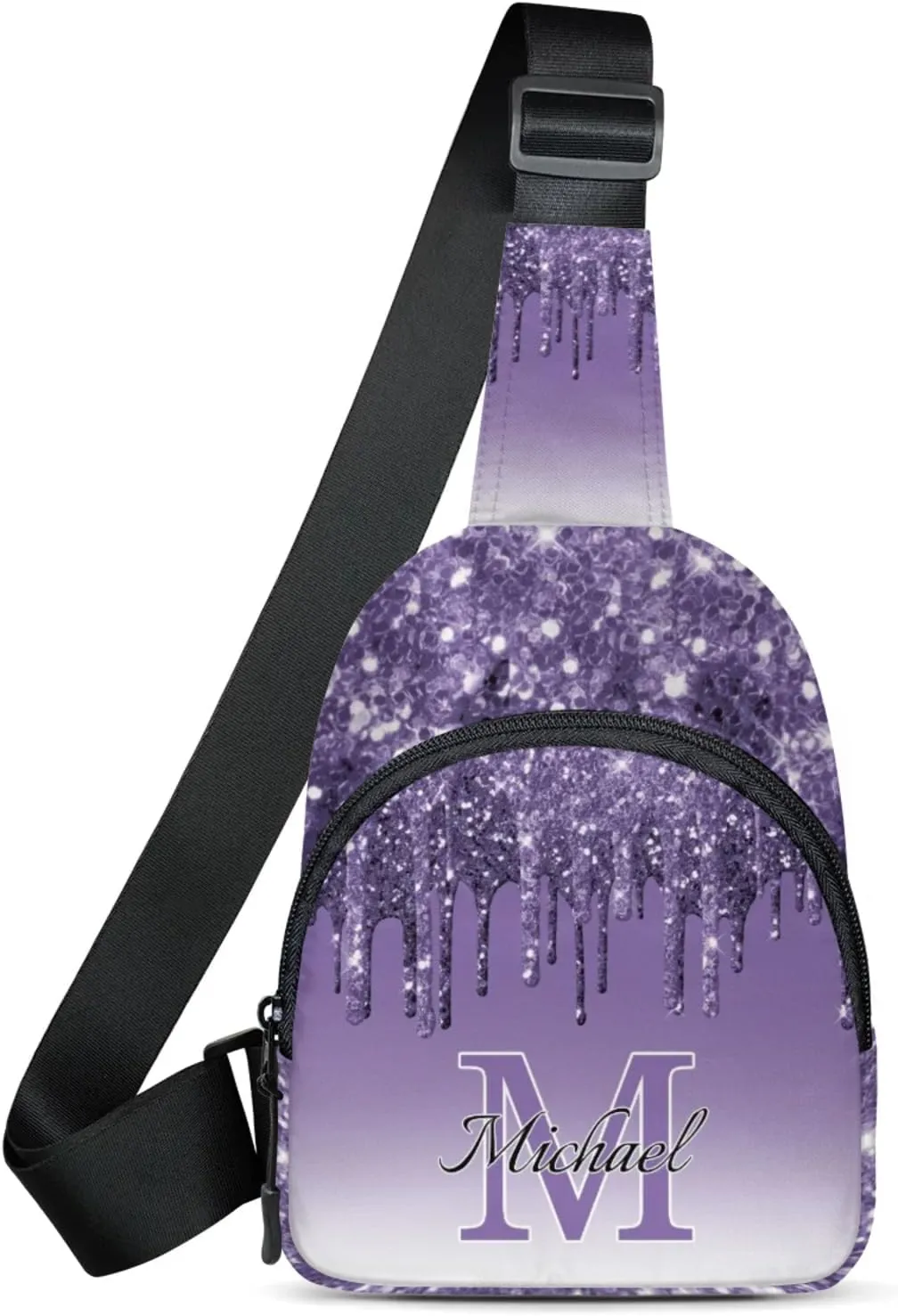 Personalized Sling Bag with Initial Name Custom Crossbody Sling Backpack Customize Chest Bag Daypack for Men Women, Dark Purple Glitter
