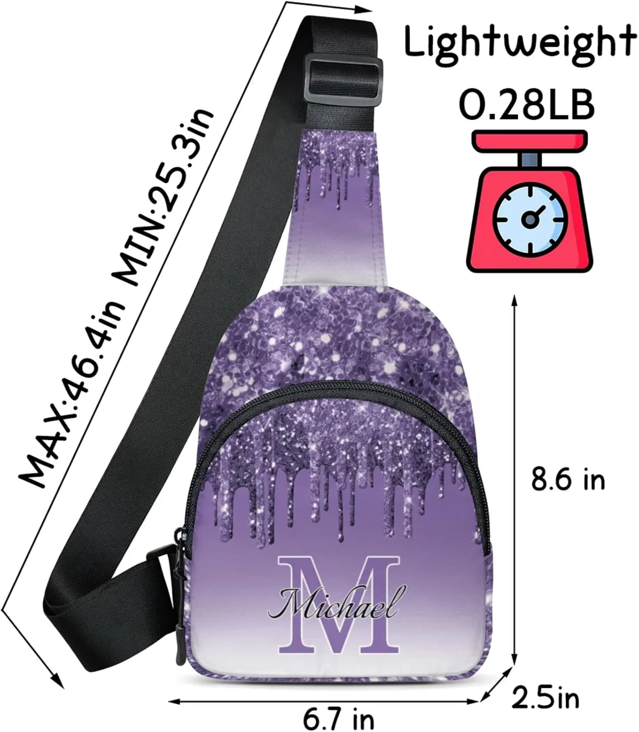 Personalized Sling Bag with Initial Name Custom Crossbody Sling Backpack Customize Chest Bag Daypack for Men Women, Dark Purple Glitter