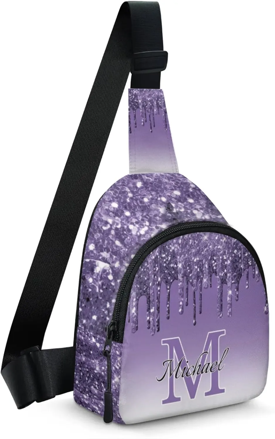 Personalized Sling Bag with Initial Name Custom Crossbody Sling Backpack Customize Chest Bag Daypack for Men Women, Dark Purple Glitter