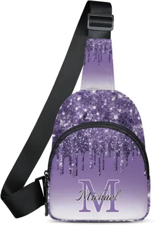 Personalized Sling Bag with Initial Name Custom Crossbody Sling Backpack Customize Chest Bag Daypack for Men Women, Dark Purple Glitter