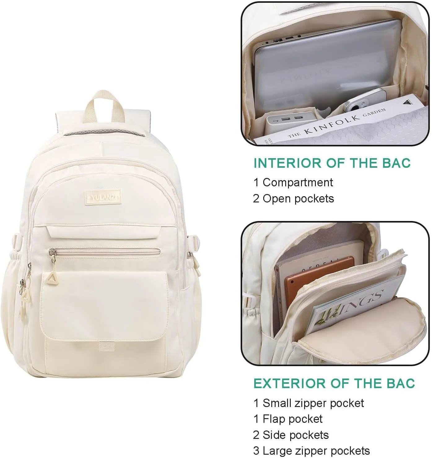 Phaoullzon Teen Girls School Backpack for Boys, College Aesthetic Laptop Bookbag for Women,Beige